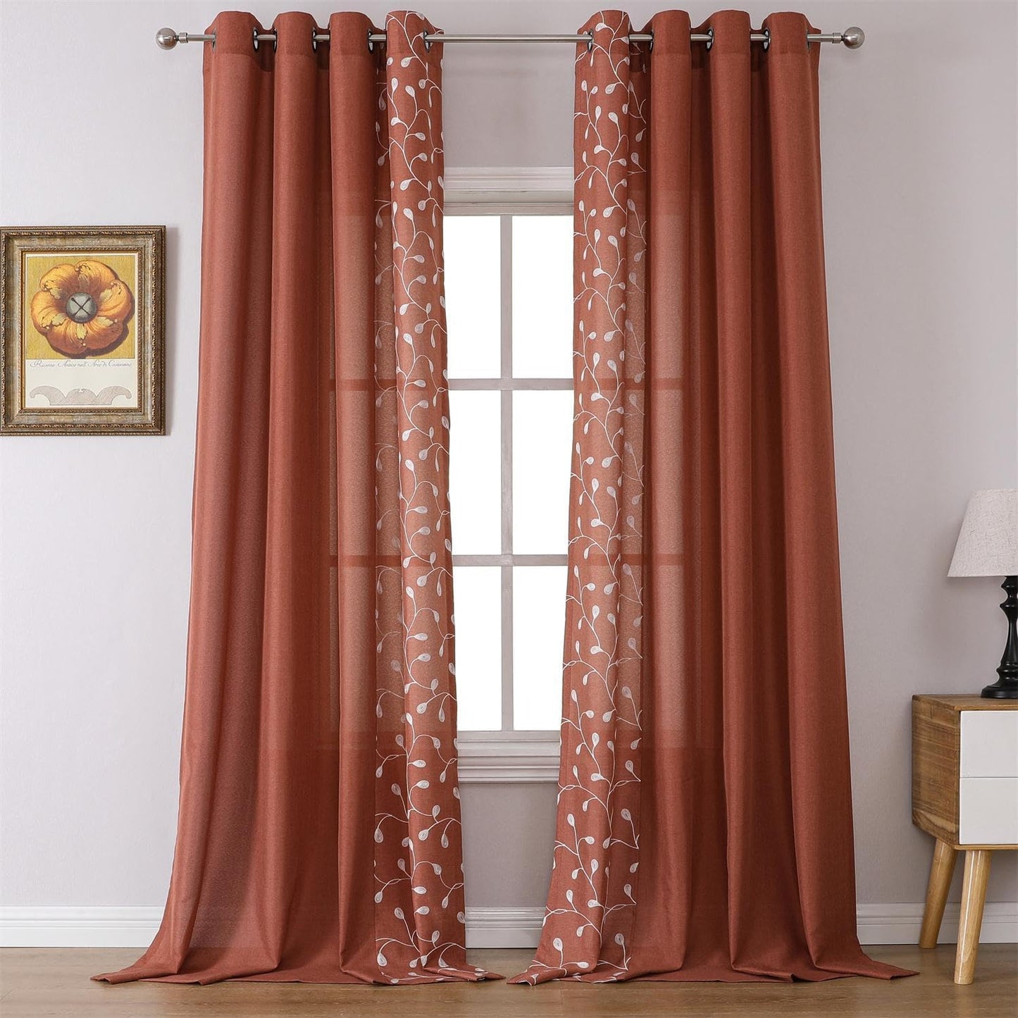 MIUCO Floral Embroidered Semi Sheer Curtains Faux Linen Grommet Curtains for Girls Room 52 X 84 Inch Set of 2, off White  MIUCO Mix  Match - Rust 52X84 Inch 