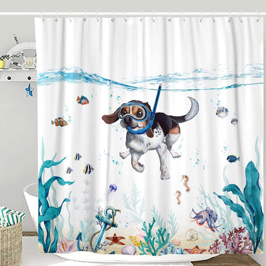 Funny Dog Shower Curtain Teal Blue Sea Ocean Waterproof Fabric Shower Curtains for Bathroom with Animal Octopus Starfish Turtle Anchor Fish Nautical Bathroom Curtain (Dog)