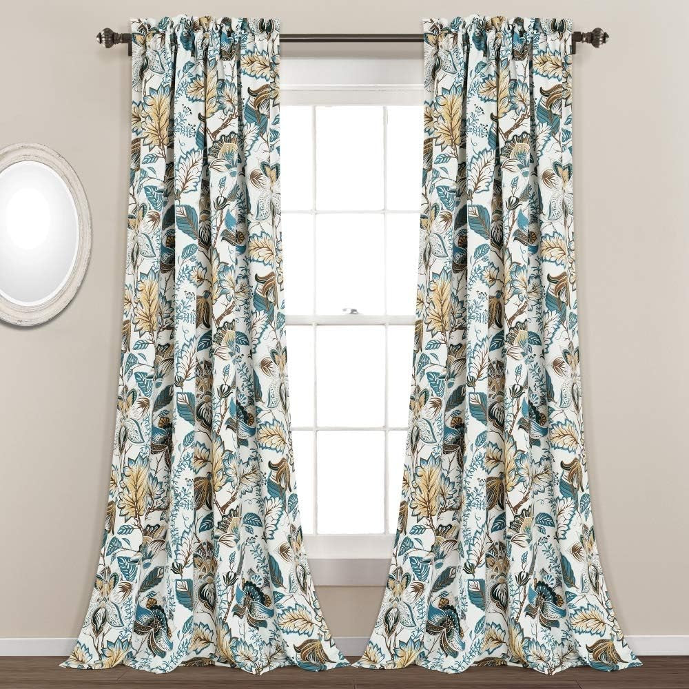 Lush Decor Cynthia Jacobean Light Filtering Window Curtain Set, 84" L Panel Pair, Blue, 2 Count  Triangle Home Fashions Turquoise  Neutral 52"W X 95"L 