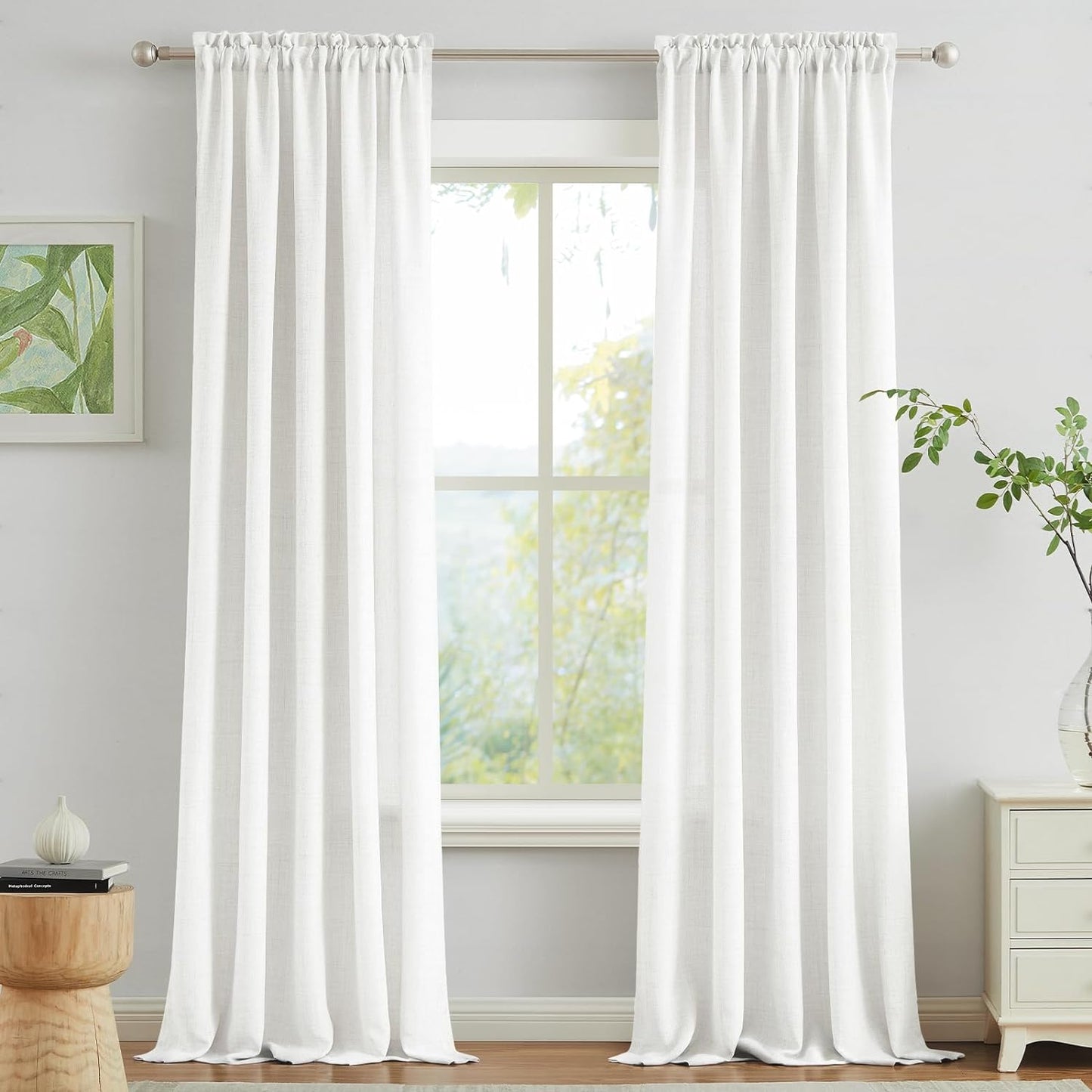 Melodieux Linen Curtains 84 Inches Long for Bedroom - Rod Pocket Burlap Linen Textured Semi Sheer Curtains Light Filtering Privacy Farmhouse Living Room Drapes (Set of 2, 52Inch X 84Inch, Beige)  Melodieux White W52" X L108" 