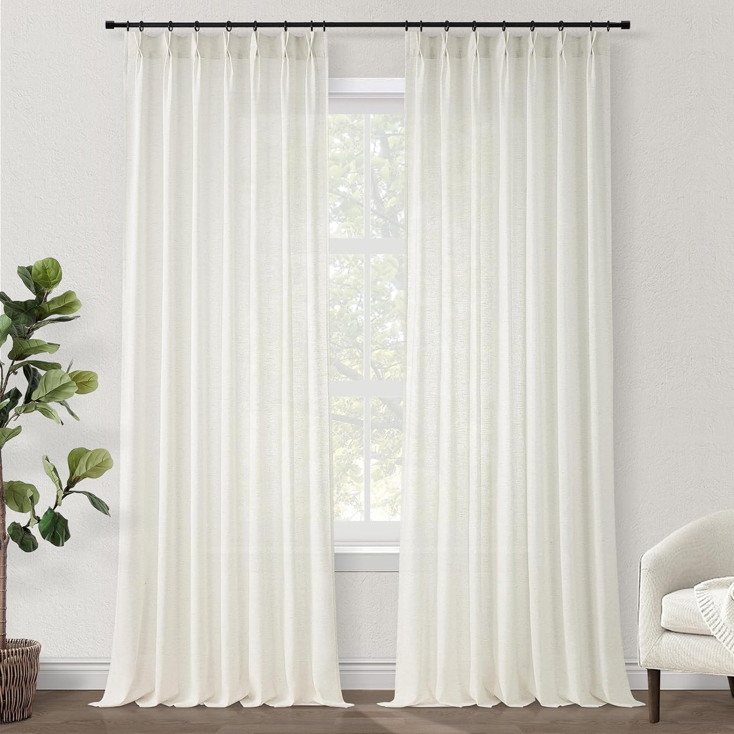 Olive Green Linen Curtains 84 Inches Long for Living Room,Pinch Pleated Drape with Hooks Back Tab Light Filtering Boho Spring Home Decor, Forest/Hunter Green Sheer Curtains 84 Inch Length for Bedroom  Topfine Natural 40" X 72" 
