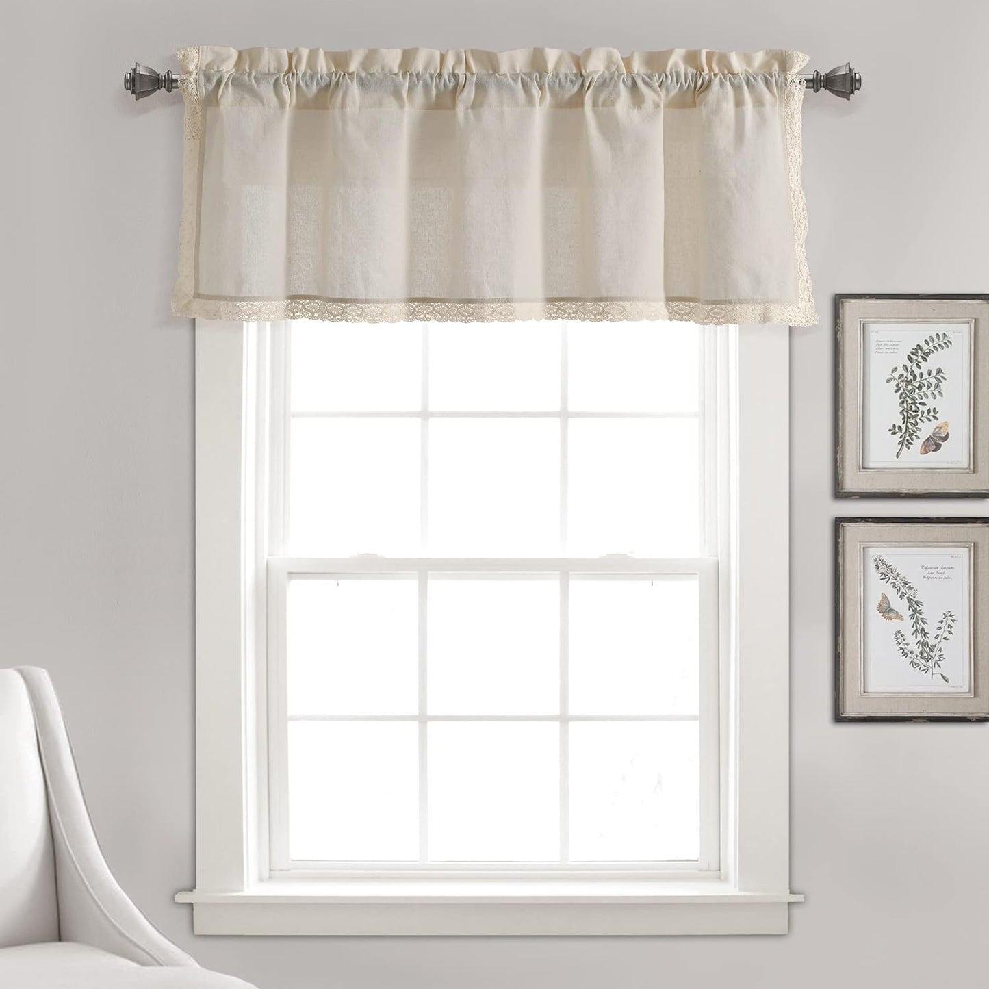 Lush Decor Rosalie Light Filtering Window Curtain Panel Set- Pair- Vintage Farmhouse & French Country Style Curtains - Timeless Dreamy Drape - Romantic Lace Trim - 54" W X 84" L, White  Triangle Home Fashions Ivory Valance Valanace