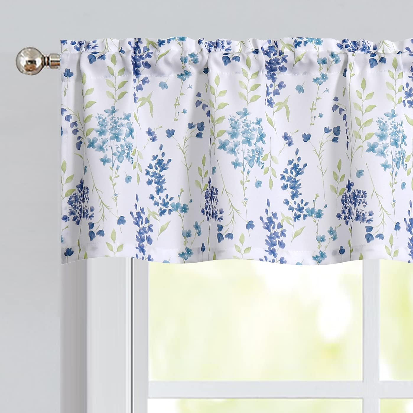 Blue Colorful Floral Tie up Kitchen Curtain Valance Botanical Flower Leaves Print, Farmhouse Rod Pocket Small Curtains for Kitchen Cafe Bathroom Window Treatment, 56" X 15", Watercolor, 1 Panel