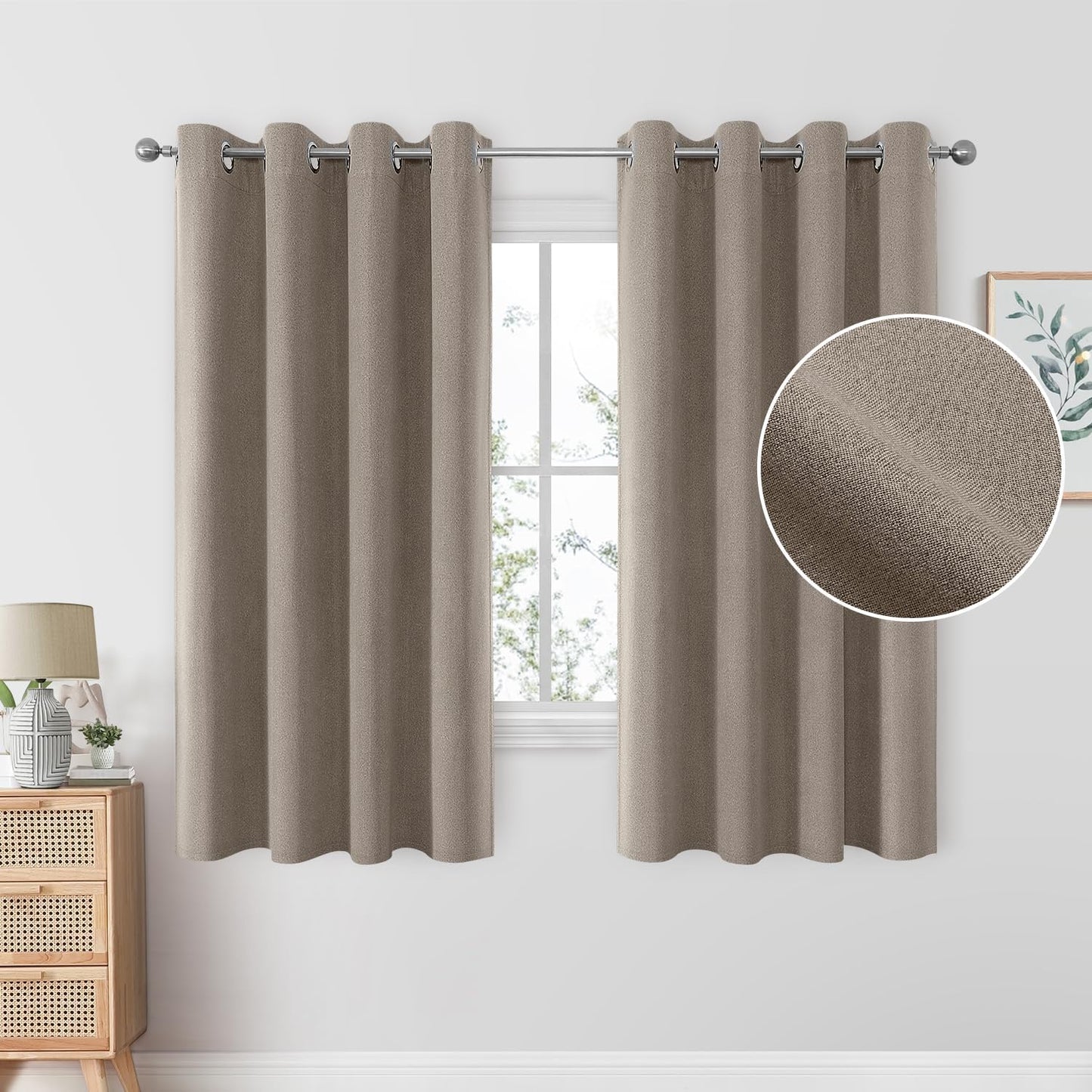 HOMEIDEAS 100% Blush Pink Linen Blackout Curtains for Bedroom, 52 X 84 Inch Room Darkening Curtains for Living, Faux Linen Thermal Insulated Full Black Out Grommet Window Curtains/Drapes  HOMEIDEAS Natural W52" X L63" 