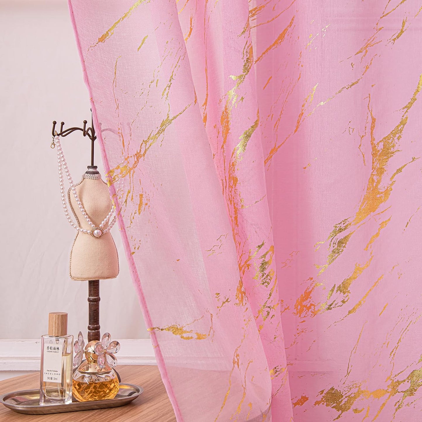 Sutuo Home Marble White Sheer Curtains 84 Inch Length, Gold Foil Print Metallic Bronzing, Privacy Window Treatment Decor Abstract Drape Pair 2 Panels Set for Bedroom Kitchen Living Room 52" W X 84" L  Sutuo Home Gold And Pink 52" W X 96" L, 2 Panels 