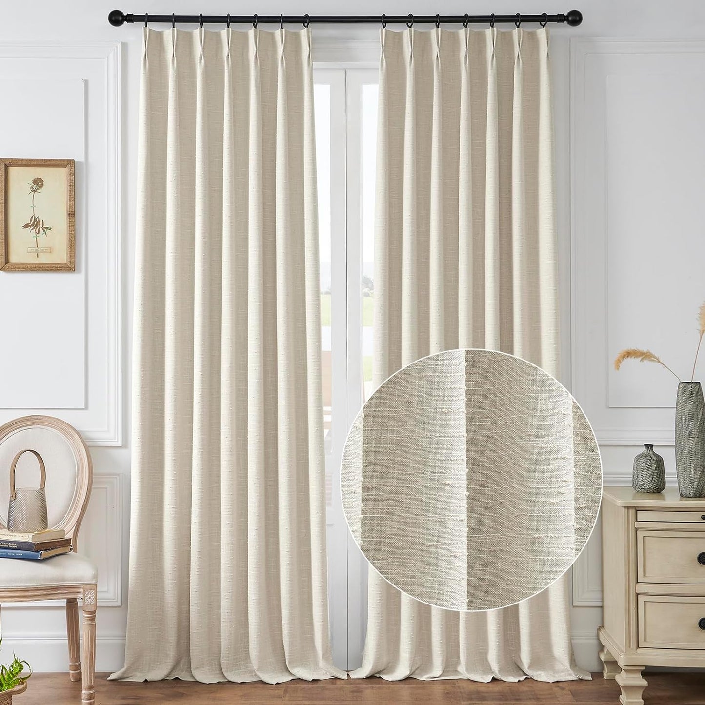 Maison Colette Pinch Pleat White Natural Linen Curtain 84 Inches Length for Bedroom,Back Tab Semi Sheer Window Treatment Drapes for Living Room,2 Panels,40" Width  Maison Colette Home Linen 40"W X 108"L 