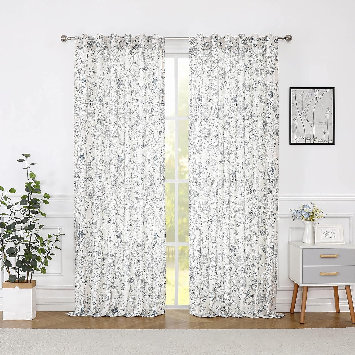 Vision Home Blue Floral Linen Curtains 84 Inch Farmhouse Botanical Print Light Filtering Window Curtains for Living Room Bedroom Rod Pocket Back Tab Navy Beige Semi Sheer Drapes 2 Panels 54" Wx84 L  Vision Home   