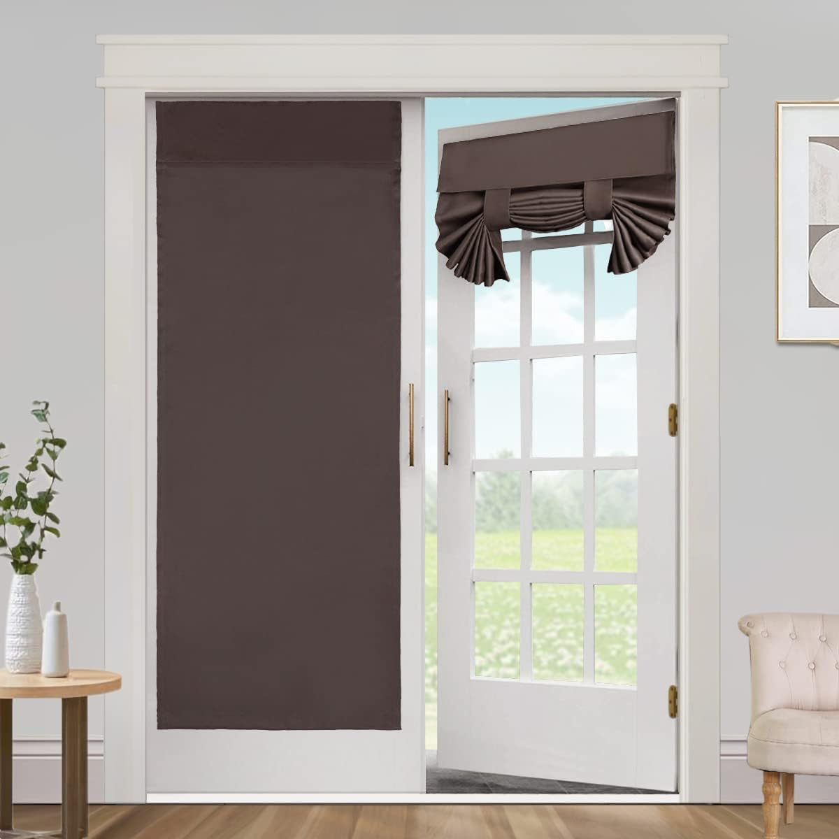 Blackout Curtains for French Doors - Thermal Insulated Tricia Door Window Curtain for Patio Door, Self Stick Tie up Shade Energy Efficient Double Door Blind, 26 X 68 Inches, 1 Panel, Sage  L.VICTEX Brown 2 