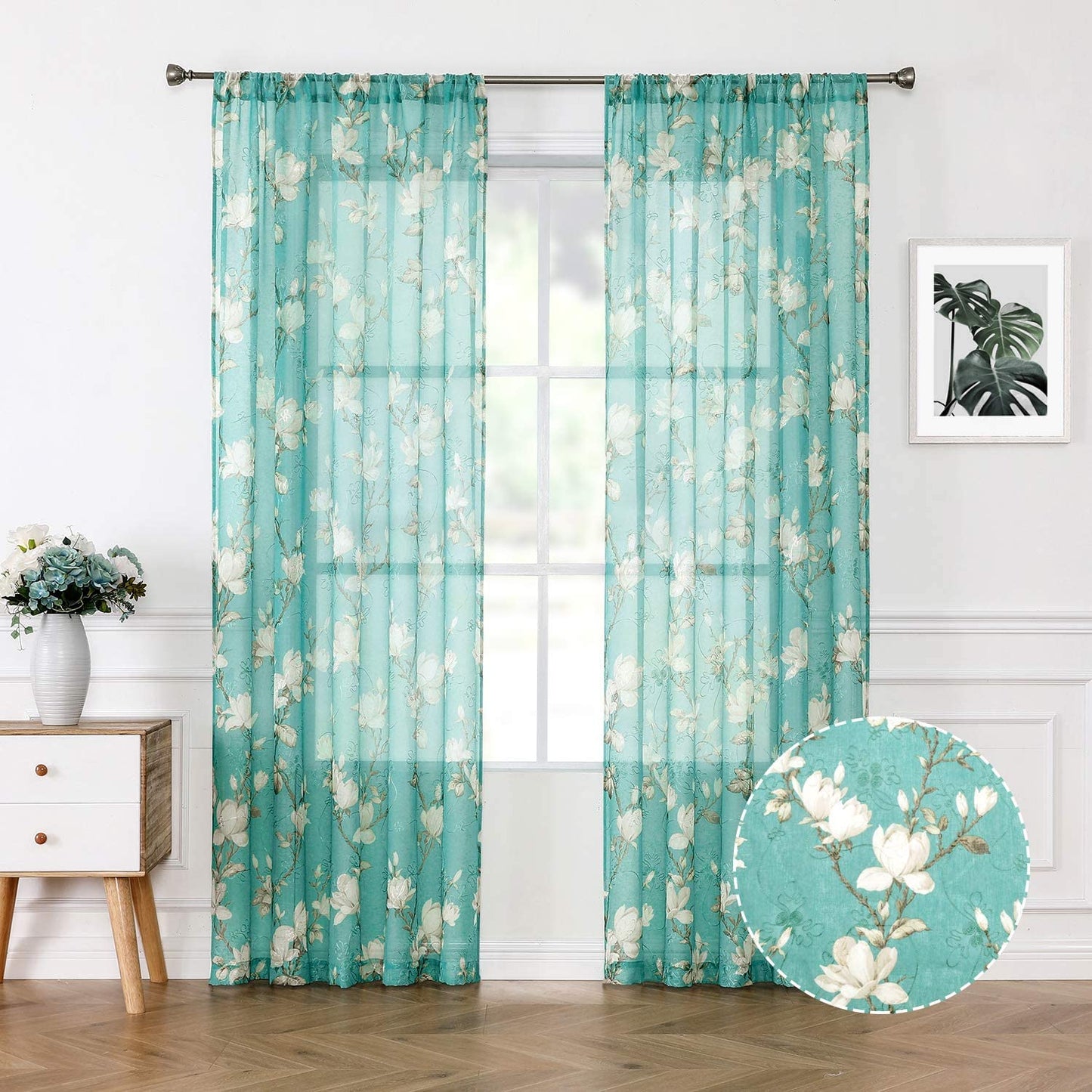Tollpiz Floral White Sheer Curtain Flower Print Vine Embroidery Bedroom Curtains Rod Pocket Voile Window Curtain for Living Room, 54 X 84 Inches Long, Set of 2 Panels  Tollpiz Tex Turquoise 54"W X 84"L 