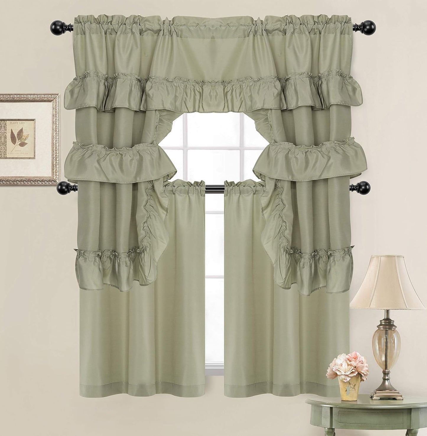 Goodgram Country Farmhouse Living Solid Colored Cafe Kitchen Curtain Tier & Swag Valance Set - Assorted Colors (White)  GoodGram Sage Green  