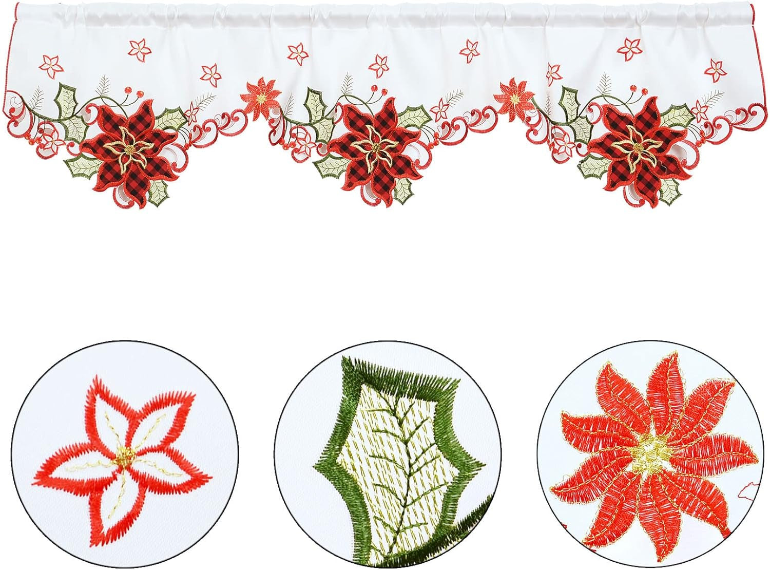 Embroidered Poinsettia Kitchen Window Curtains Valance 58×14 Inches for Christmas Holidays (Poinsettia)