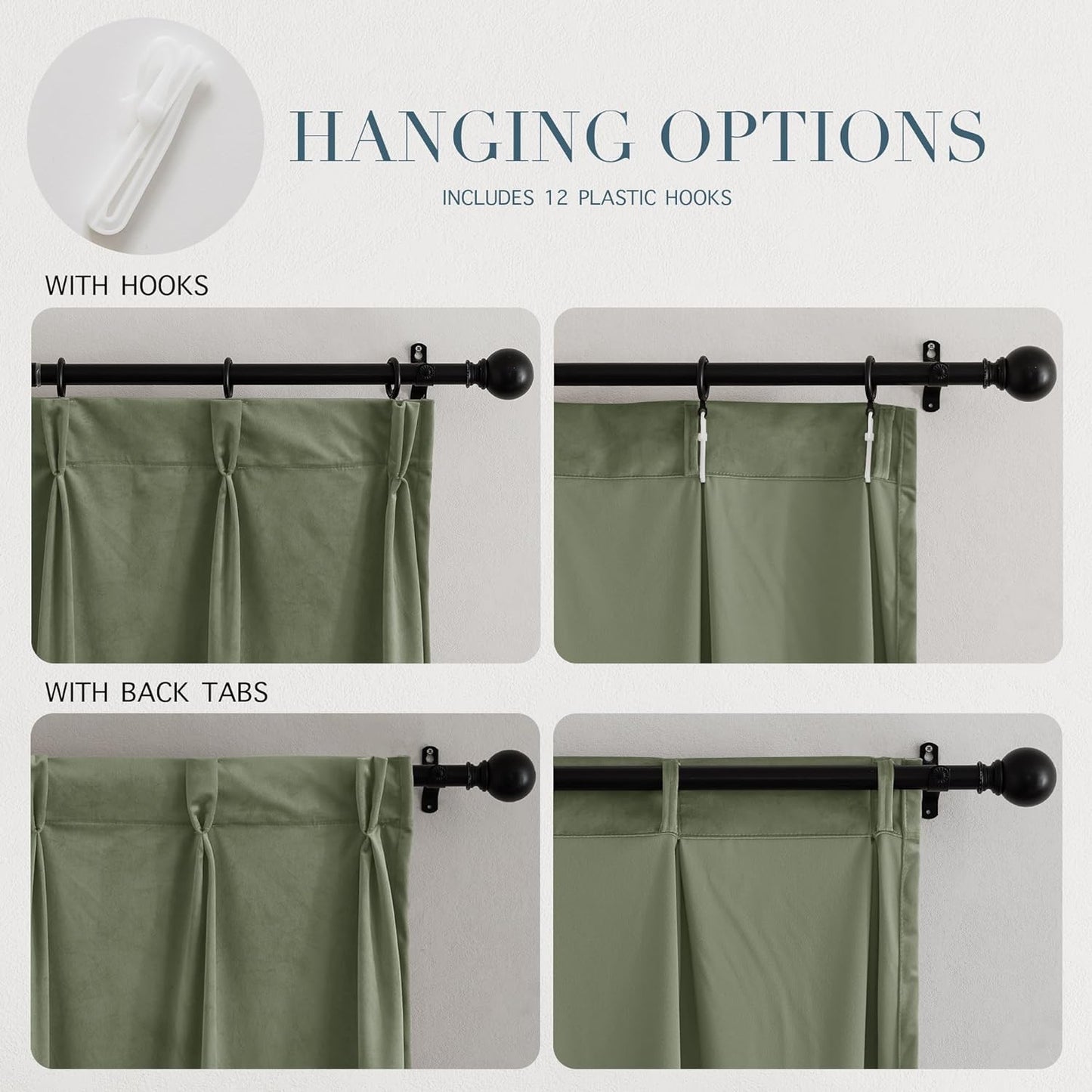 RYB HOME Sage Green Pinch Pleated Velvet Curtains 96 Inches, Hook Rings & Back Tab Thermal Insulated Room Darkening Pleated Drapes for Bedroom Living Room, W34 X L96 Inches, 2 Panels  RYB HOME   