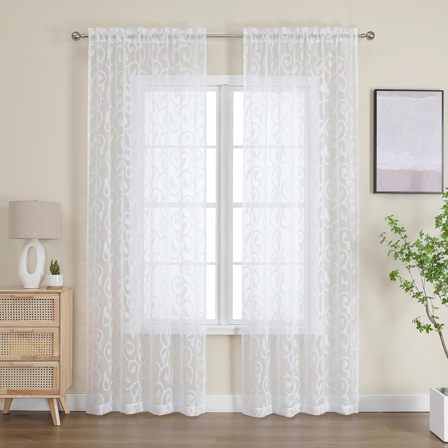 OWENIE Furman Sheer White Curtains 84 Inches Long for Bedroom Living Room 2 Panels Set, White Curtains Jacquard Clip Light Filtering Semi Sheer Curtain Transparent Rod Pocket Window Drapes, 2 Pcs  OWENIE   