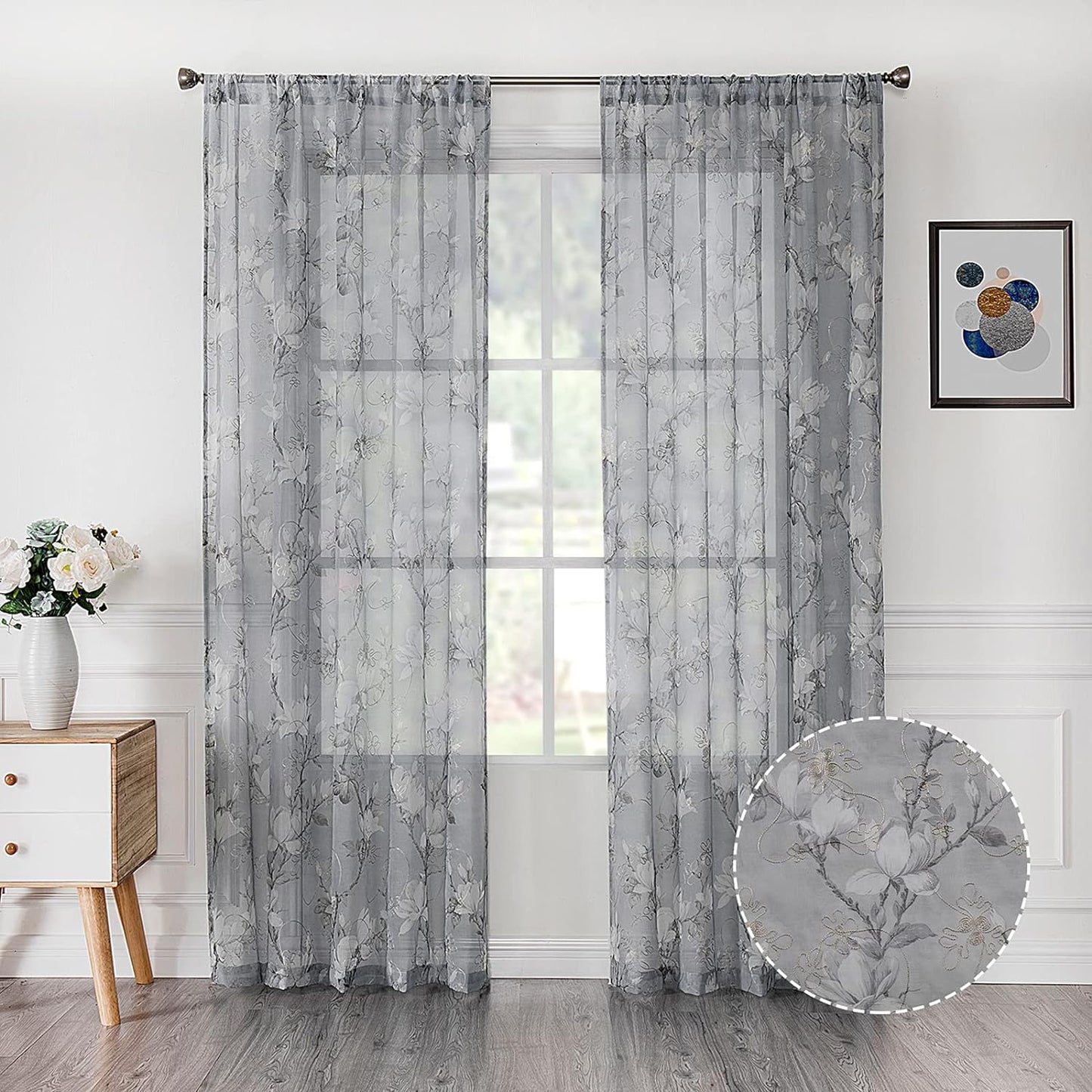 Tollpiz Floral White Sheer Curtain Flower Print Vine Embroidery Bedroom Curtains Rod Pocket Voile Window Curtain for Living Room, 54 X 84 Inches Long, Set of 2 Panels  Tollpiz Tex Grey 54"W X 84"L 
