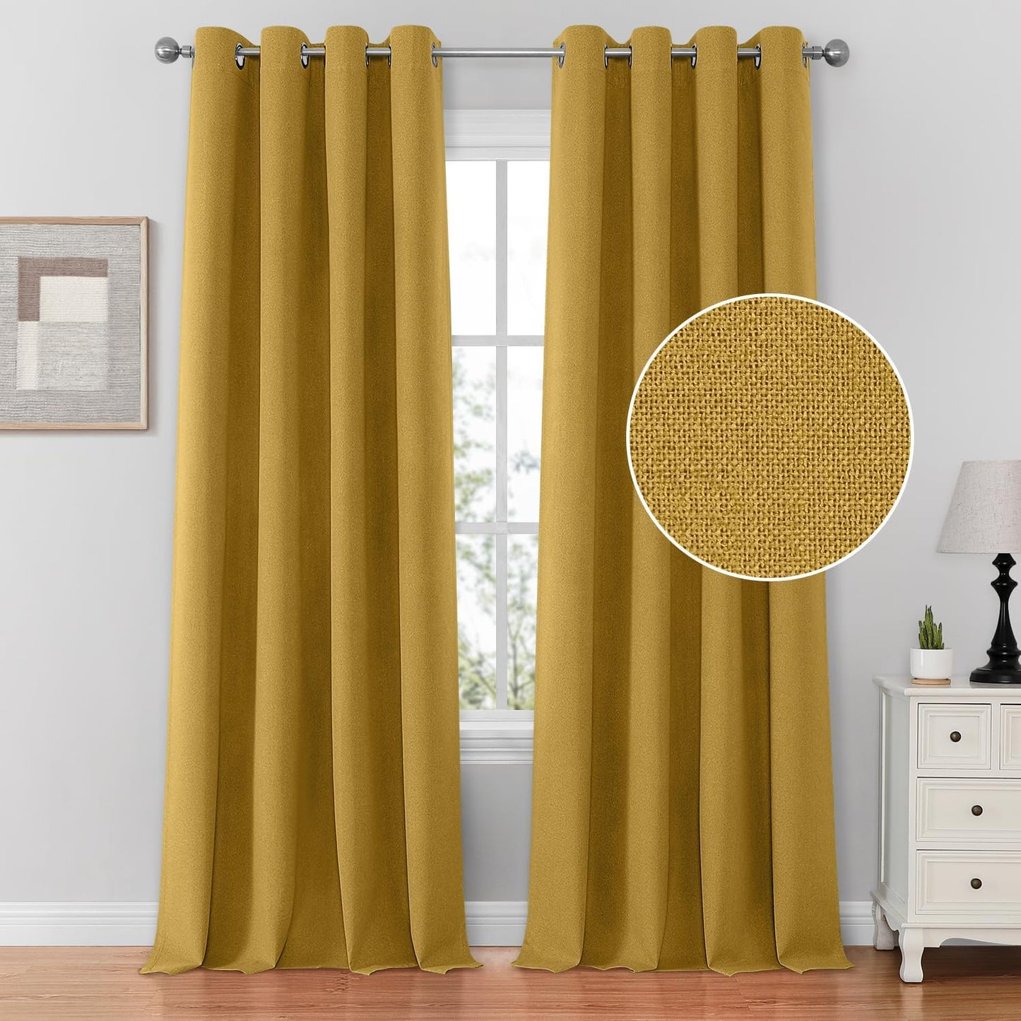 HOMEIDEAS 100% Blush Pink Linen Blackout Curtains for Bedroom, 52 X 84 Inch Room Darkening Curtains for Living, Faux Linen Thermal Insulated Full Black Out Grommet Window Curtains/Drapes  HOMEIDEAS Mustard Yellow W52" X L84" 