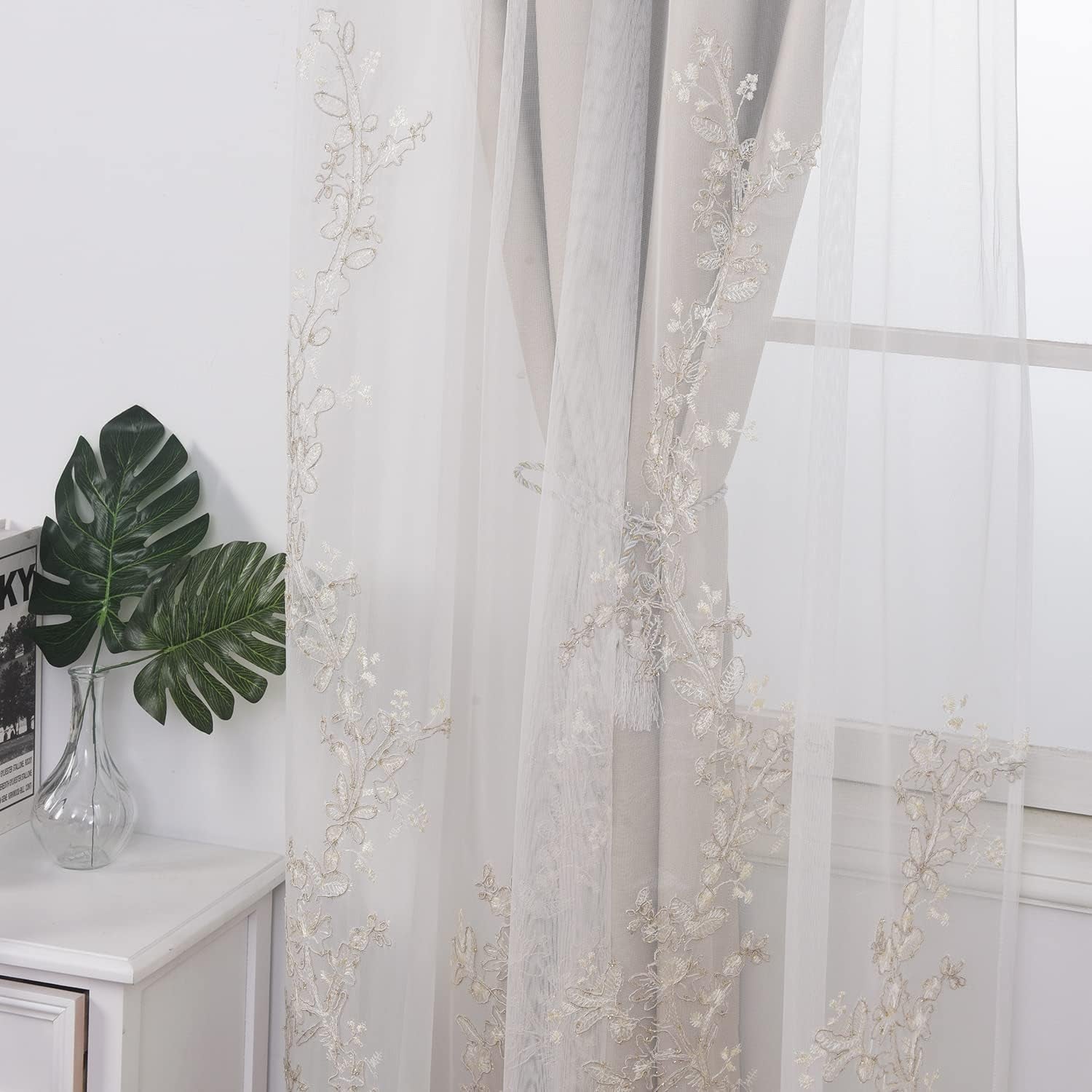 GYROHOME Double Layered Curtains with Embroidered White Sheer Tulle, Mix and Match Curtains Room Darkening Grommet Top Thermal Insulated Drapes,2Panels,52X84Inch,Beige  GYROHOME   
