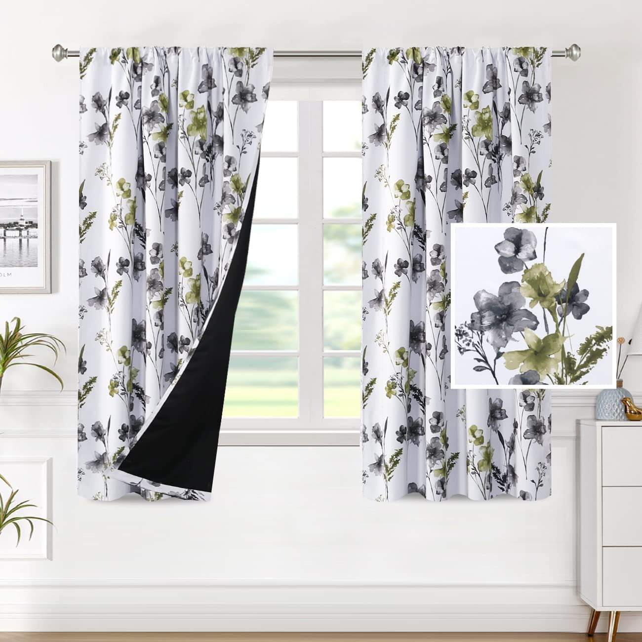 H.VERSAILTEX 100% Blackout Curtains for Bedroom Cattleya Floral Printed Drapes 84 Inches Long Leah Floral Pattern Full Light Blocking Drapes with Black Liner Rod Pocket 2 Panels, Navy/Taupe  H.VERSAILTEX Grey/Olive 52"W X 63"L 