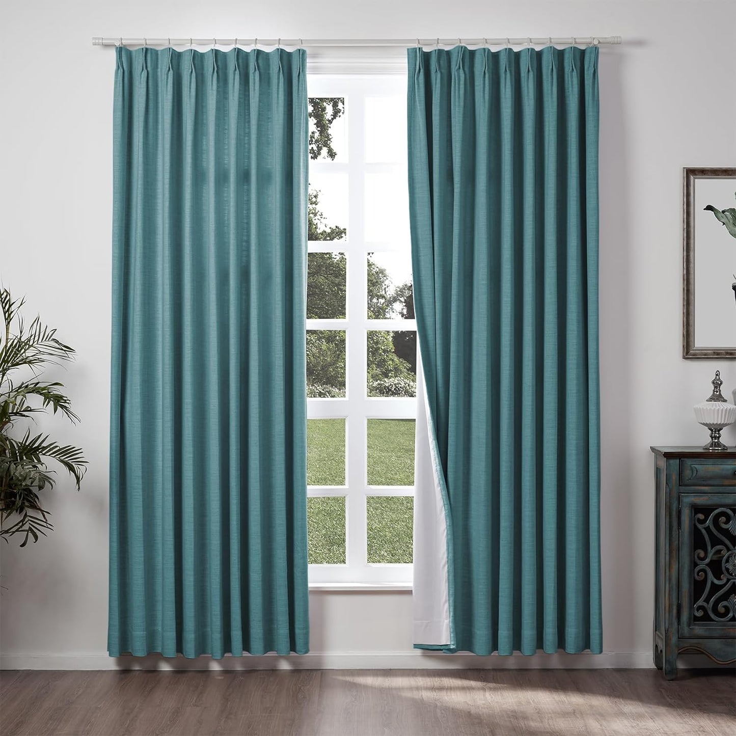 Chadmade 50" W X 63" L Polyester Linen Drape with Blackout Lining Pinch Pleat Curtain for Sliding Door Patio Door Living Room Bedroom, (1 Panel) Sand Beige Tallis Collection  ChadMade Everglade Teal (34) 120Wx96L 