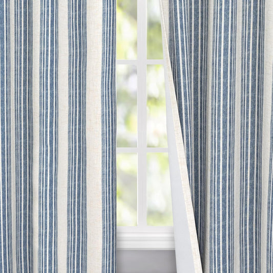 Driftaway Chris Vertical Striped Pattern Linen Blend Lined Thermal Insulated Blackout and Room Darkening Grommet Linen Curtains for Farmhouse Printed 2 Panels 52 Inch by 96 Inch Jean Navy Curtain  DriftAway Jean Navy 52"X96" 