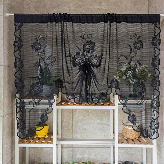 1 Panel Black Floral Embroidery Sheer Lace Curtain Valance Princess Style Embroidered Waterfall Swag Curtain Valance Tier for Kitchen Bathroom Half Window Decoration, Rod Pocket Top