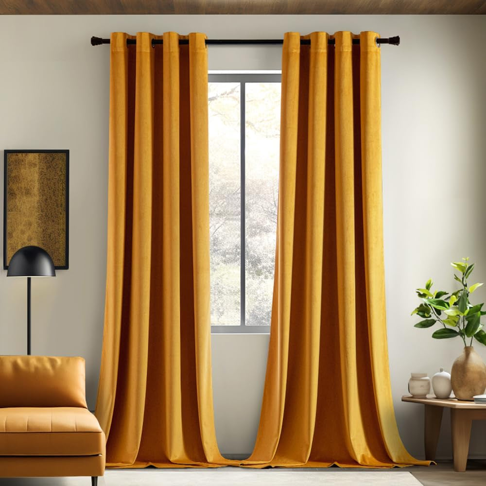 EMEMA Olive Green Velvet Curtains 84 Inch Length 2 Panels Set, Room Darkening Luxury Curtains, Grommet Thermal Insulated Drapes, Window Curtains for Living Room, W52 X L84, Olive Green  EMEMA Velvet/ Mustard Yellow W52" X L90" 