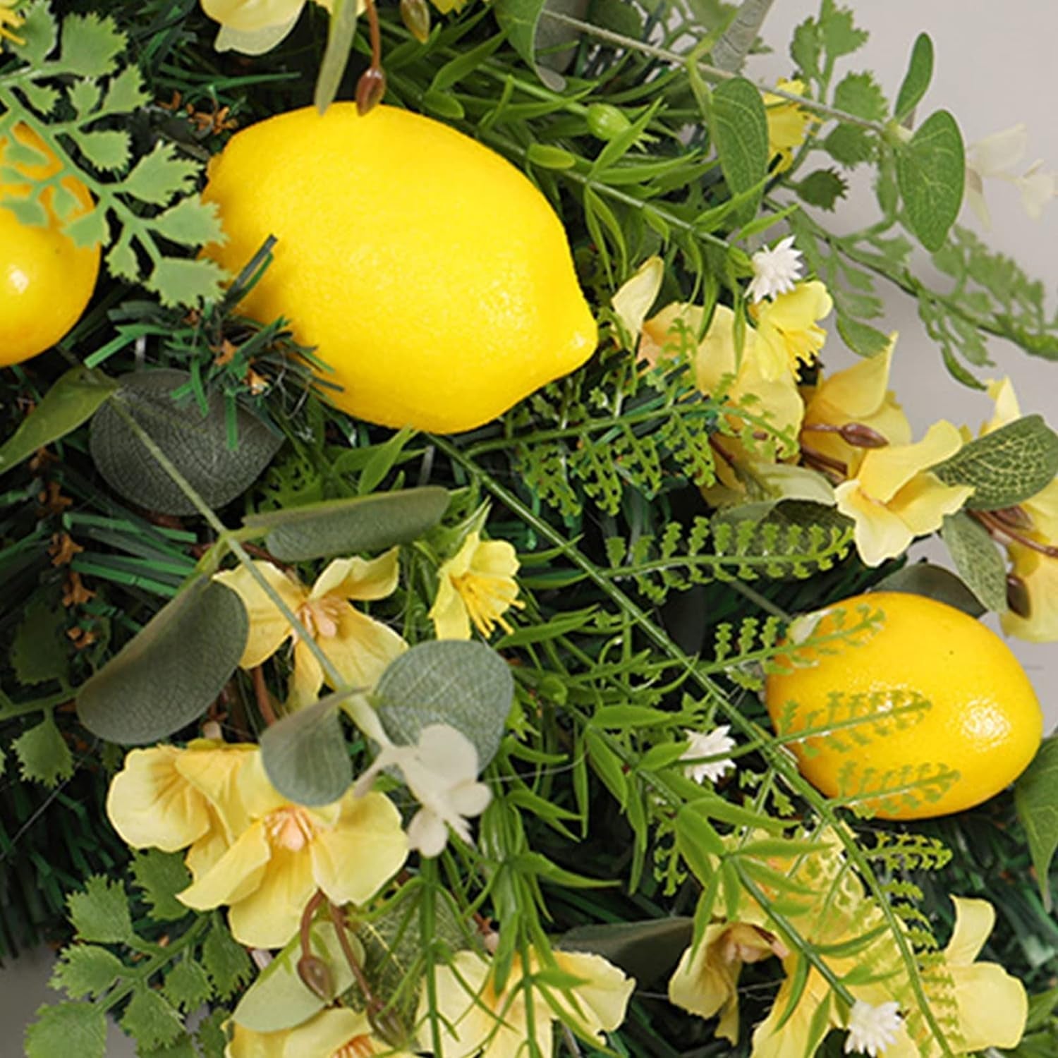 Firlar 27.56 Inch Artificial Lemon Wreath, Handmade Lemon Swag for Front Door Decor, with Streamers Lemon Hanging Upside down Tree, Wall Hanging Spring Summer Teardrop Wreath with Green Leaves Riband
