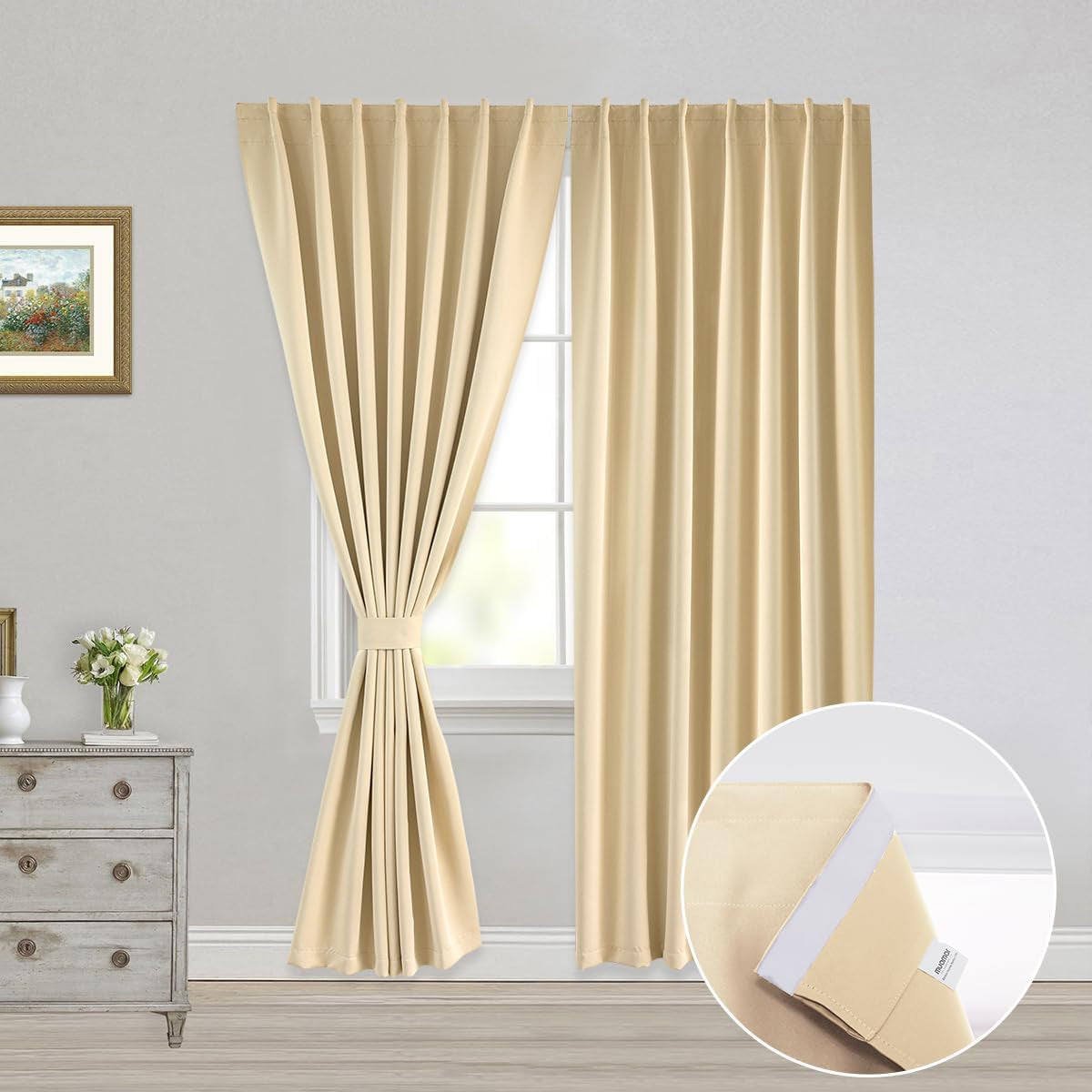 Muamar 2Pcs Blackout Curtains Privacy Curtains 63 Inch Length Window Curtains,Easy Install Thermal Insulated Window Shades,Stick Curtains No Rods, Black 42" W X 63" L  Muamar Beige 42"W X 84"L 