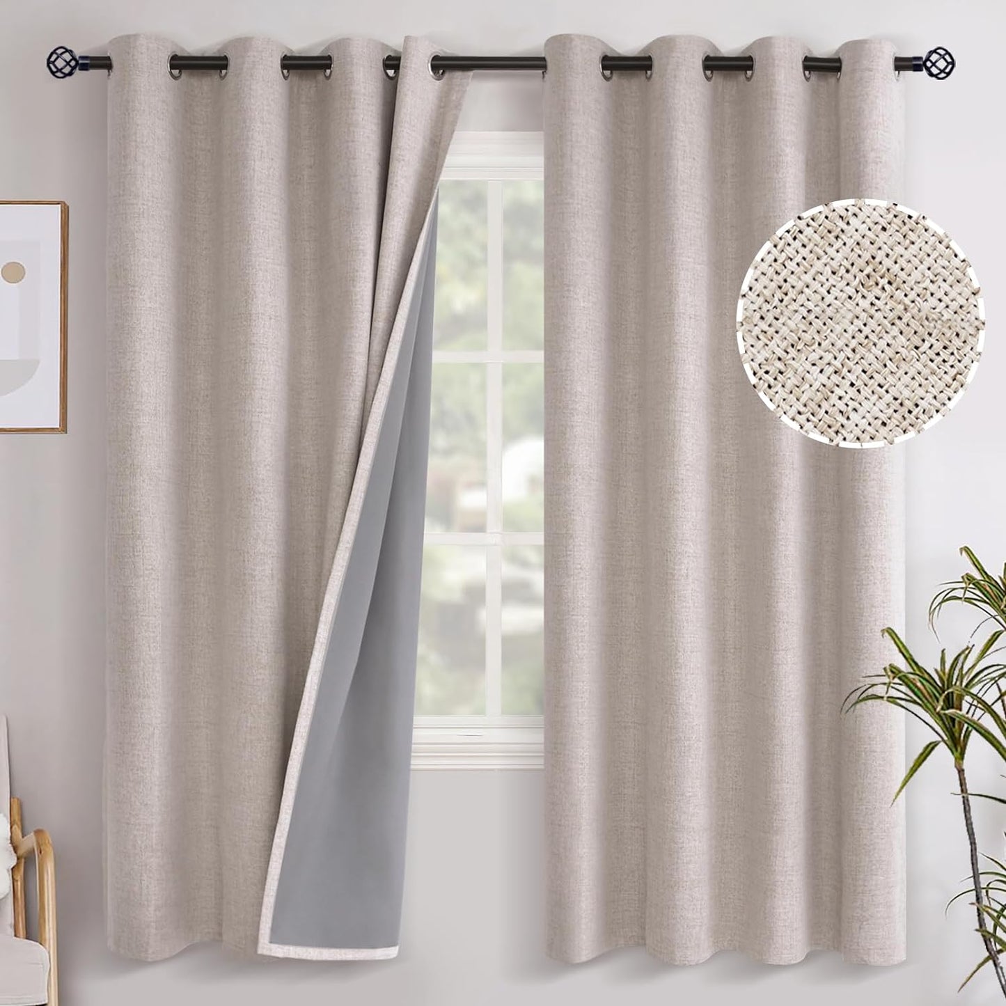 Youngstex Linen Blackout Curtains 63 Inch Length, Grommet Darkening Bedroom Curtains Burlap Linen Window Drapes Thermal Insulated for Basement Summer Heat, 2 Panels, 52 X 63 Inch, Beige  YoungsTex Beige 52W X 72L 