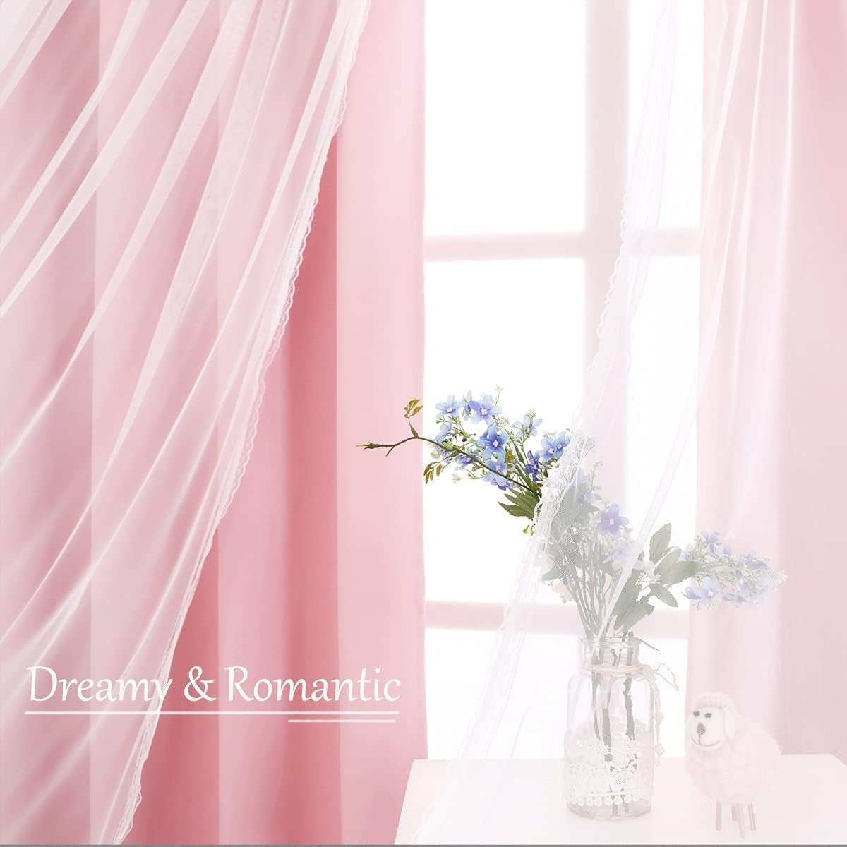 Pink Blackout Curtains 84 Inch Length - Double Layers Princess Girls Curtains & Draperies Panels for Kids Bedroom Living Room Nursery Pink Lace Hem Room Darkening Curtains, 2 Pcs  SOFJAGETQ   