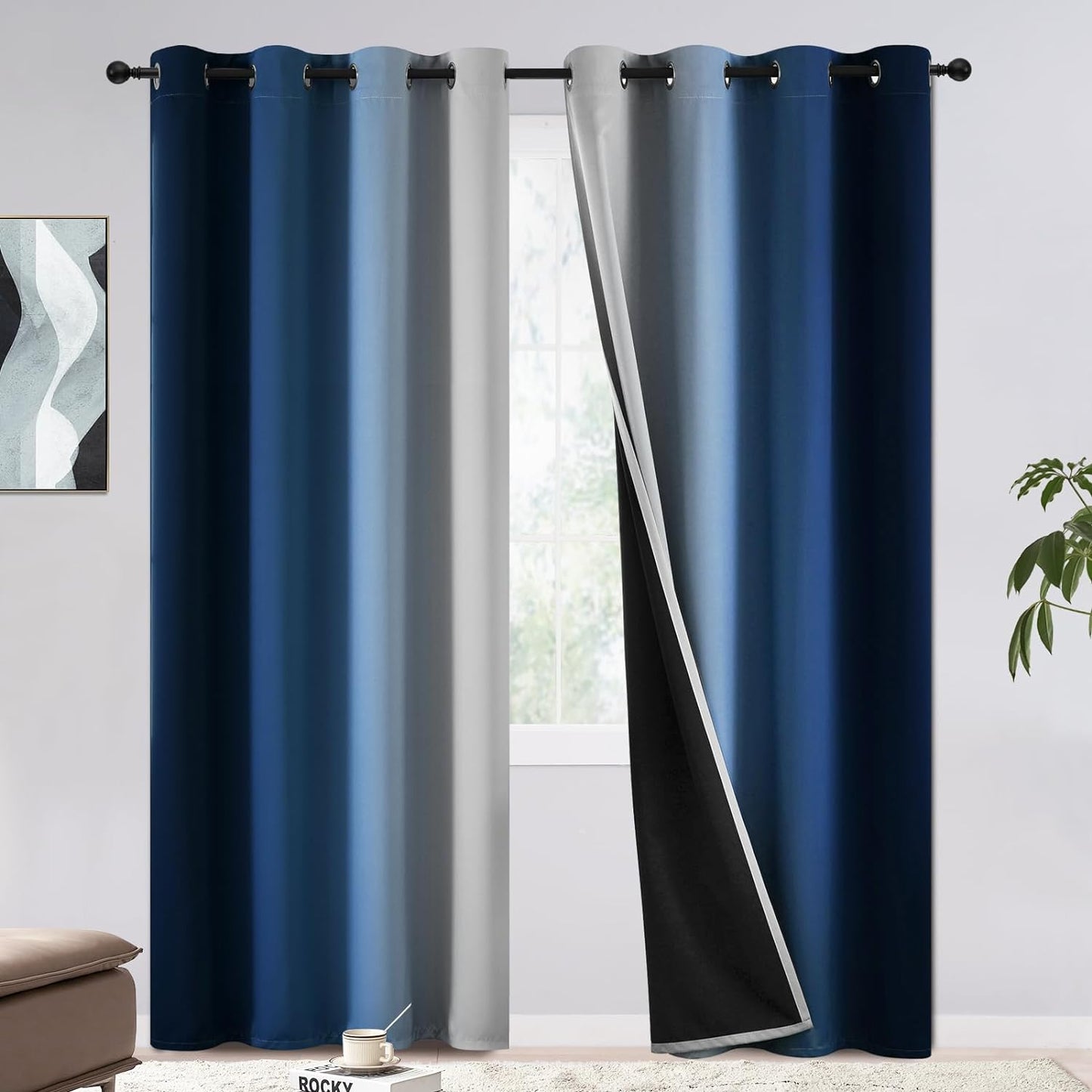 COSVIYA 100% Blackout Curtains & Drapes Ombre Purple Curtains 63 Inch Length 2 Panels,Full Room Darkening Grommet Gradient Insulated Thermal Window Curtains for Bedroom/Living Room,52X63 Inches  COSVIYA Blue To Greyish White 52W X 84L 
