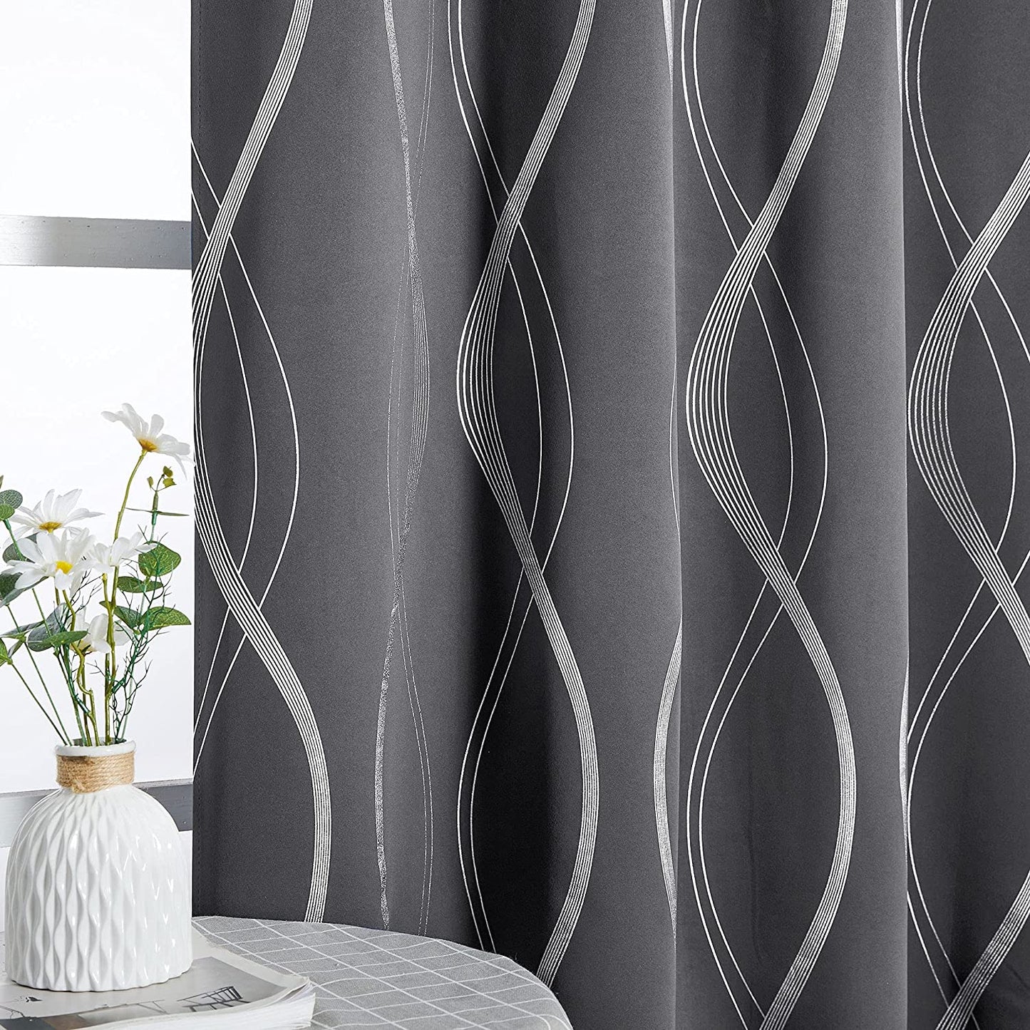 NICETOWN Grey Blackout Curtains 84 Inch Length 2 Panels Set for Bedroom/Living Room, Noise Reducing Thermal Insulated Wave Line Foil Print Drapes for Patio Sliding Glass Door (52 X 84, Gray)  NICETOWN Grey 42"W X 84"L 