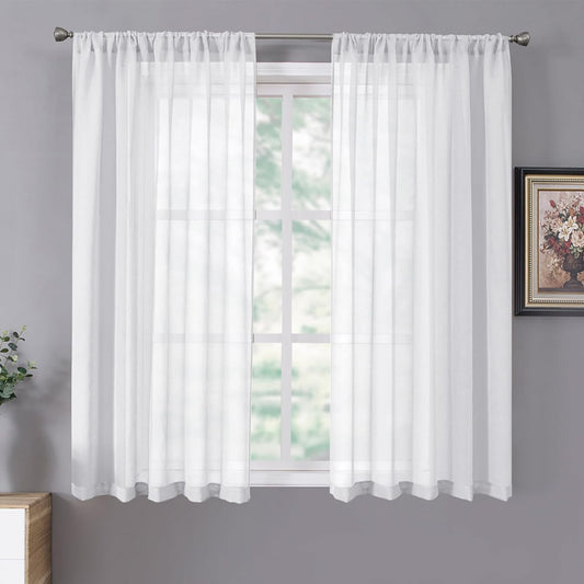 Tollpiz Short Sheer Curtains Linen Textured Bedroom Curtain Sheers Light Filtering Rod Pocket Voile Curtains for Living Room, 54 X 45 Inches Long, White, Set of 2 Panels  Tollpiz Tex White 54"W X 54"L 