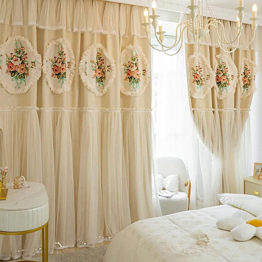 Amidoudou 1 Pair Korean Style Double Layer Curtains with Valance Lace Curtains for Girls Princess Room Bedroom (Beige,54X96 Inch)