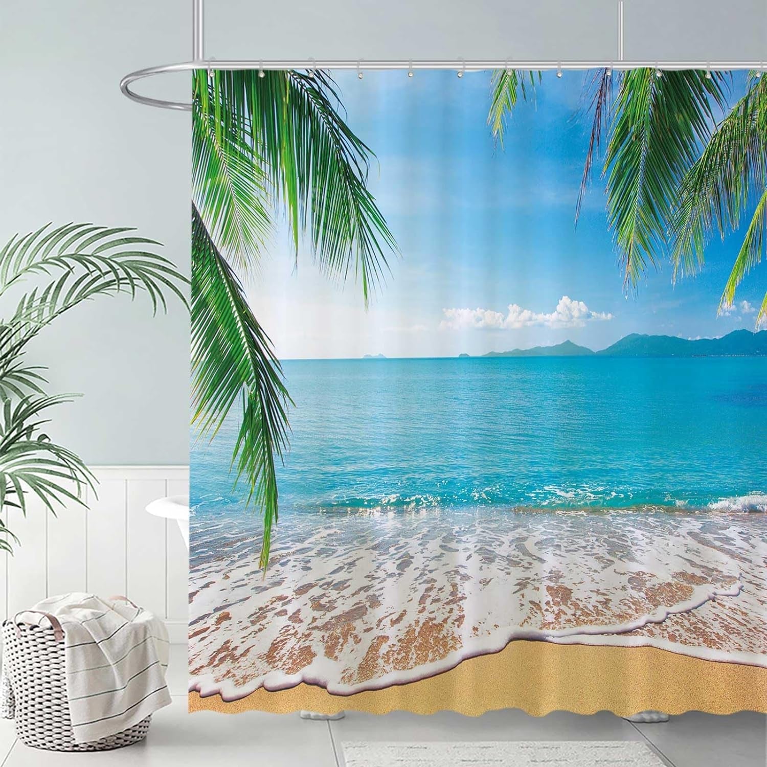 Allenjoy 72" X 72" Tropical Beach Shower Curtain Summer Seaside Scene Ocean Island Palm Tree Bathroom Decorations Curtain Durable Bathtub Showers Decor (Hooks Not Included)