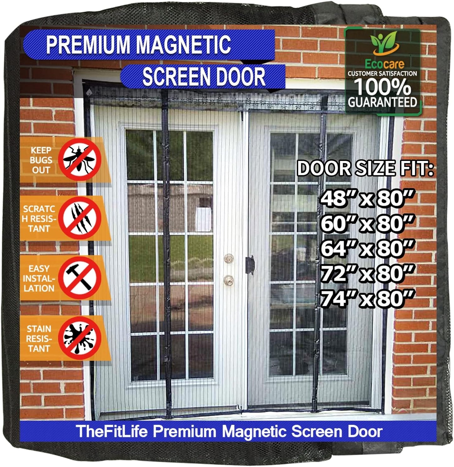 Thefitlife Double Door Magnetic Screen - Mesh Curtain with Full Frame Hook & Loop Powerful Magnets, Snap Shut Automatically for Patio, Sliding or Large Door, Black Fits Doors up to 72''X80'' Max  TheFitLife Black Fits Doors Up To 64''X80'' Max  