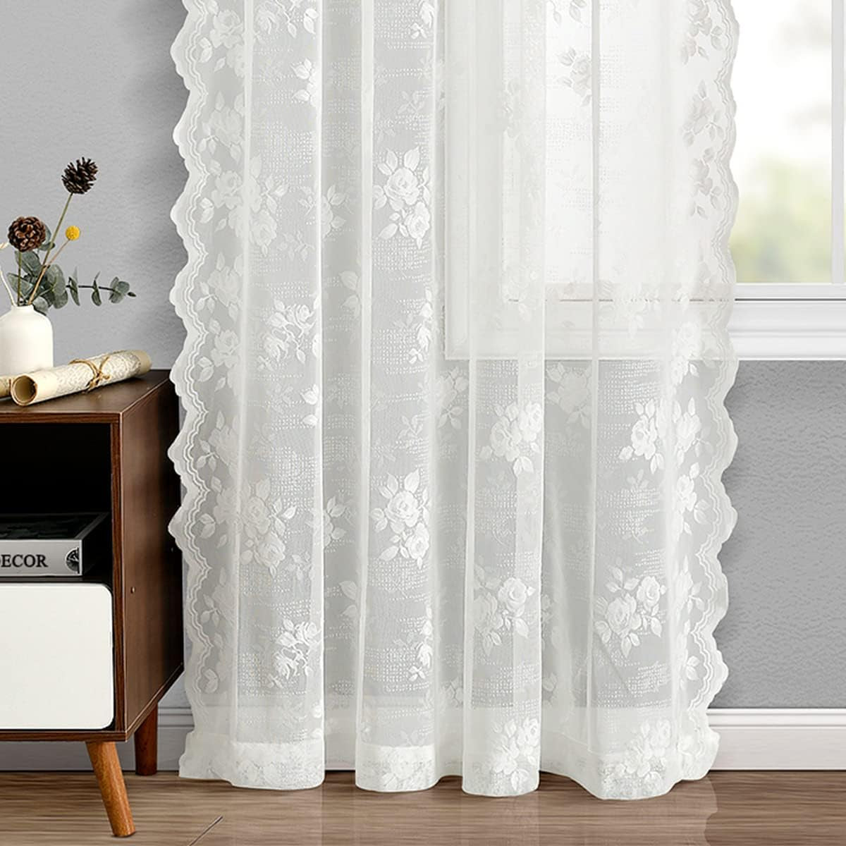 FINECITY Lace Curtains 63 Inch Length - Contemporary Striped Dots Rose Floral Lace Curtains for Girls Room, Scalloped Trim Ivory Lace Window Curtain Panels/Drapes, 52 X 63 Inch, 2 Panels, Ivory/Cream  Keyu Textile   