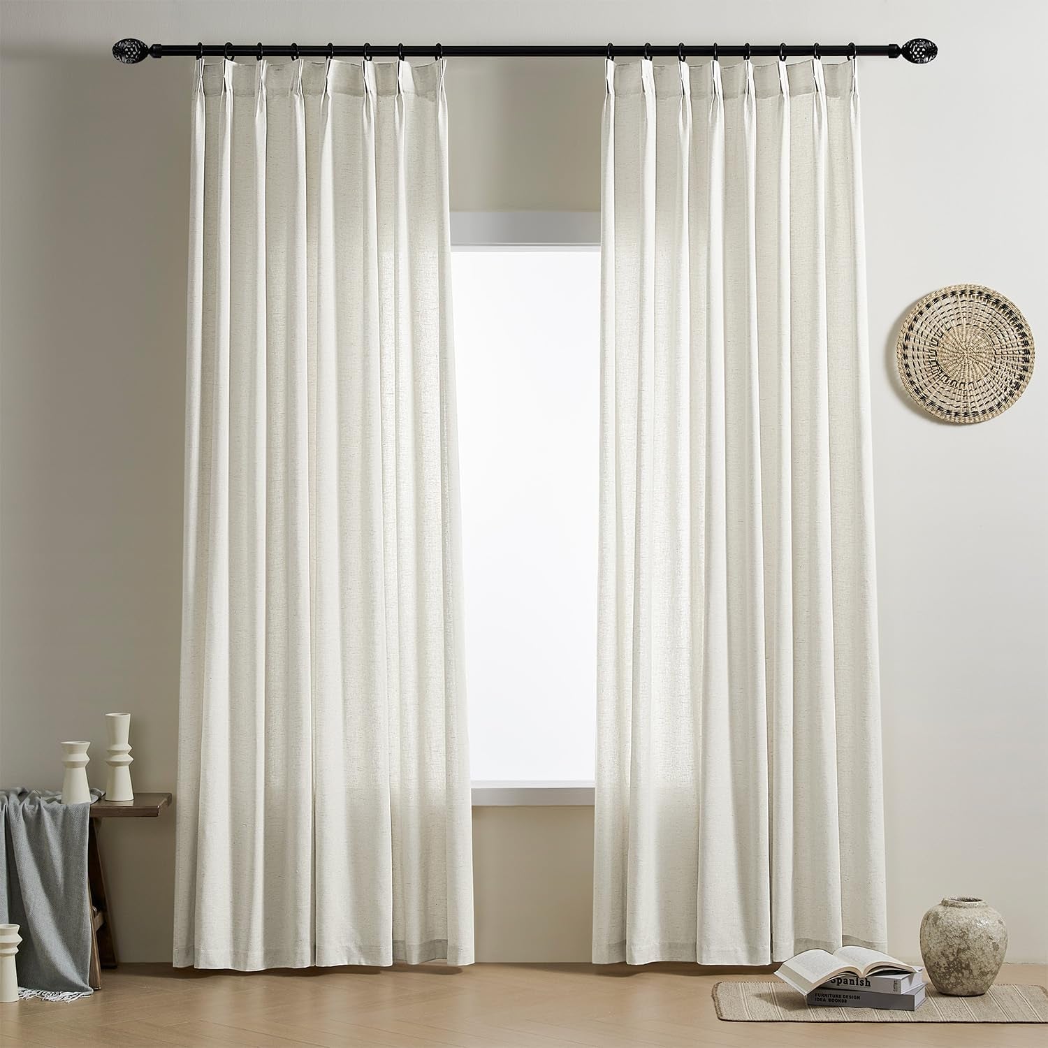 Rutterllow Pinch Pleated Flax Linen Curtains 80 Inch Length 2 Panels Set for Living Room Back Tab Semi Sheer Light Filtering Privacy Farmhouse Rustic Curtains for Bedroom  Rutterllow Natural 50"W X 108"L X2 