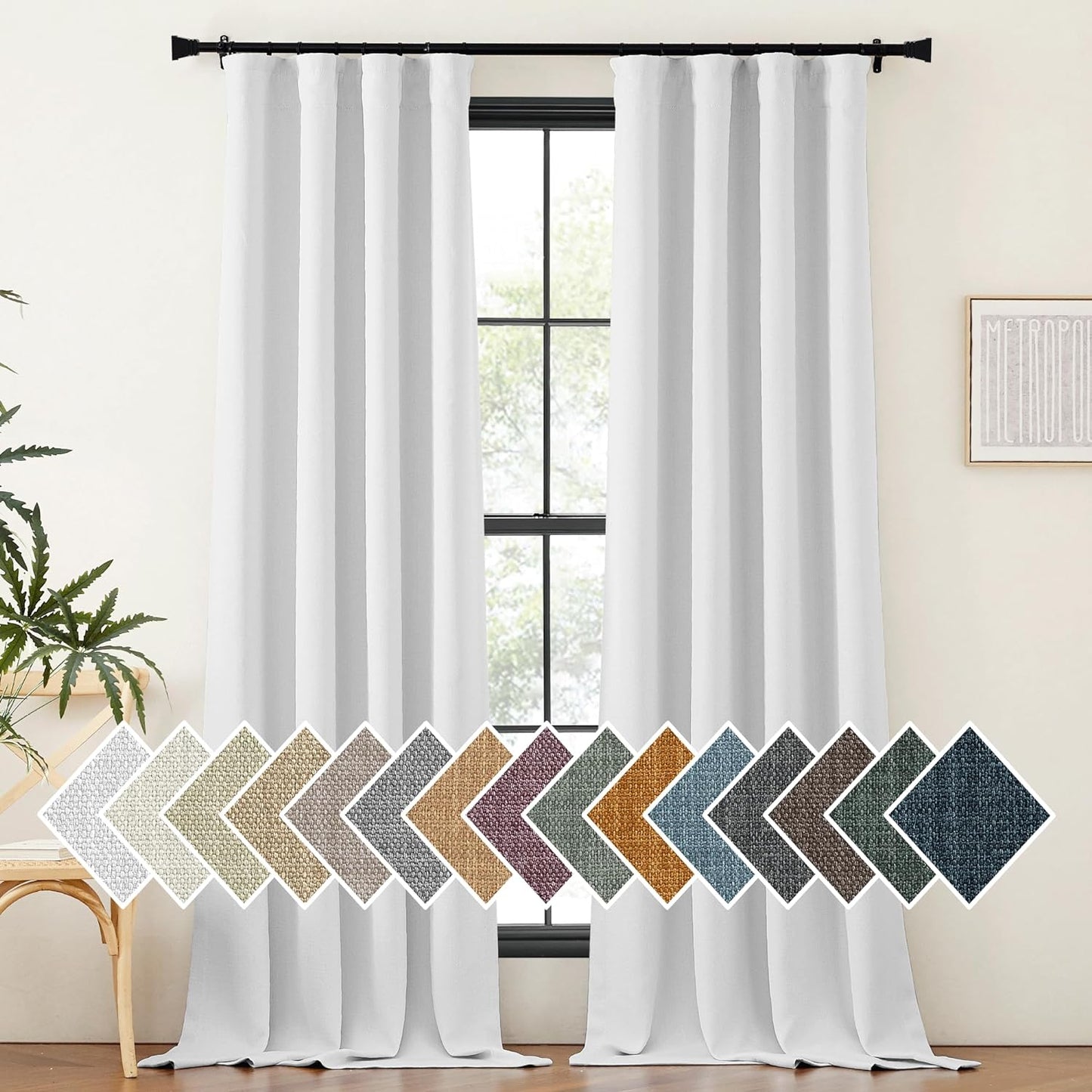 NICETOWN Faux Linen Room Darkening Curtains & Drapes for Living Room, Dual Rod Pockets & Hook Belt Heat/Light Blocking Window Treatments Thermal Drapes for Bedroom, Angora, W52 X L84, 2 Panels  NICETOWN Greyish White W52 X L96 