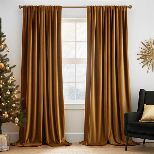 Lazzzy Brown Velvet Blackout Curtain Thermal Insulated Curtain Soft Luxury Noise Reducing Velvet Window Drape for Kids Bedroom Living Room Darkening Drape 96 Inch Long 1 Panel Gold Brown  TOPICK Gold Brown W52 X L96 