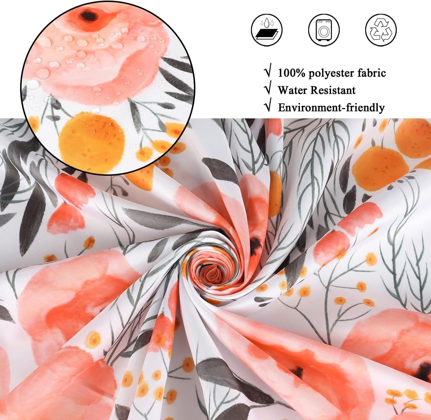 GCIREC Watercolor Floral Shower Curtain, Pink Floral with Grey Branch Leaf Coral Bathroom Curtain Home Decor Waterproof Fabric Machine Washable with 12 Hooks