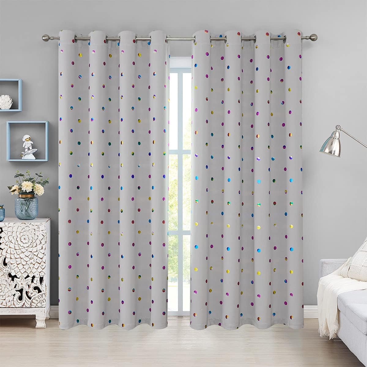 Black Blackout Curtains for Bedroom Living-Room Holiday Season Metallic Polka Dots Pattern Curtains for Nursery 52 X 95 Inch Grommet Triple Weave Thermal Insulated Draperies for Kids Bedroom, 2Pcs  Urban Lotus Multi/Grey 52"X84" 