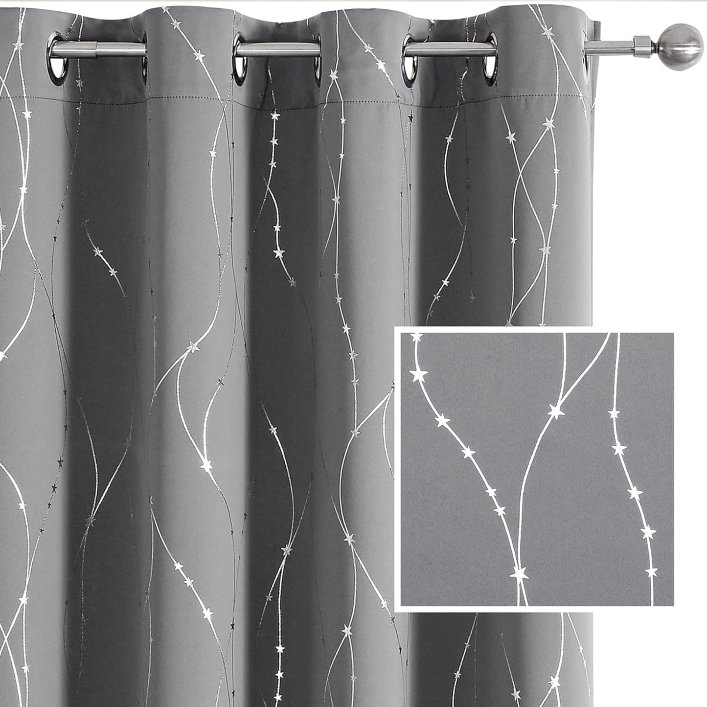 SMILE WEAVER Black Blackout Curtains for Bedroom 72 Inch Long 2 Panels,Room Darkening Curtain with Gold Print Design Noise Reducing Thermal Insulated Window Treatment Drapes for Living Room  SMILE WEAVER Light Grey Silver 52Wx72L 