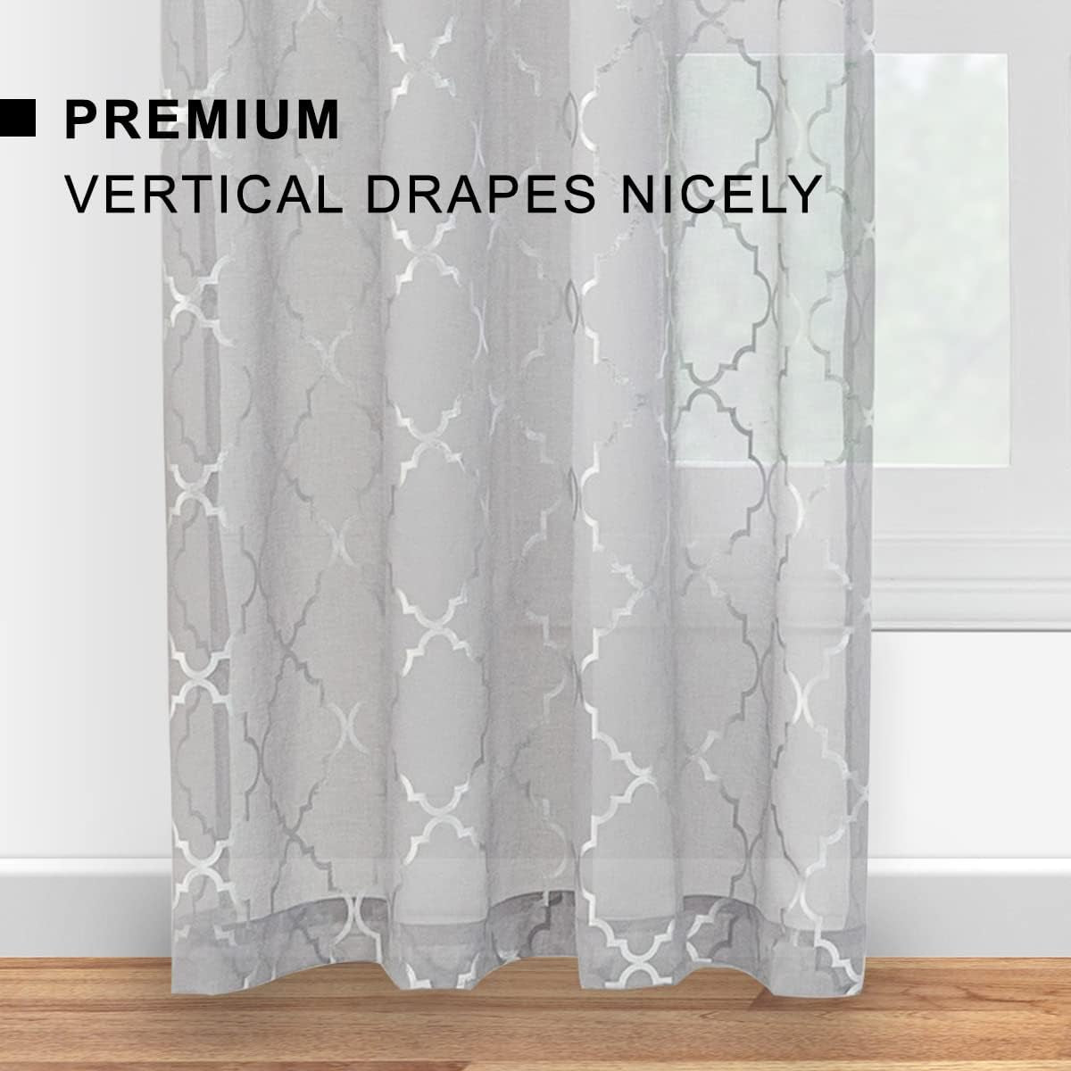 Kotile Silver Grey Sheer Curtains 96 Inch - Metallic Silver Foil Moroccan Tile Printed Rod Pocket Privacy Light Filtering Curtains for Living Room, 52 X 96 Inches, 2 Panels, Grey and Silver  Kotile Textile   
