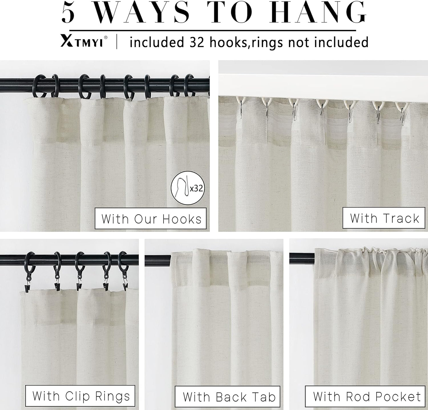 XTMYI Linen Cotton Farmhouse Curtains for Living Room Bedroom 84 Inches Long Two Sheer Hook Belt Pleated Back Tab Birch off White Ivory Neutral Boho Sour Cream Curtain Drapes 84 Length 2 Panels Set  XTMYI   