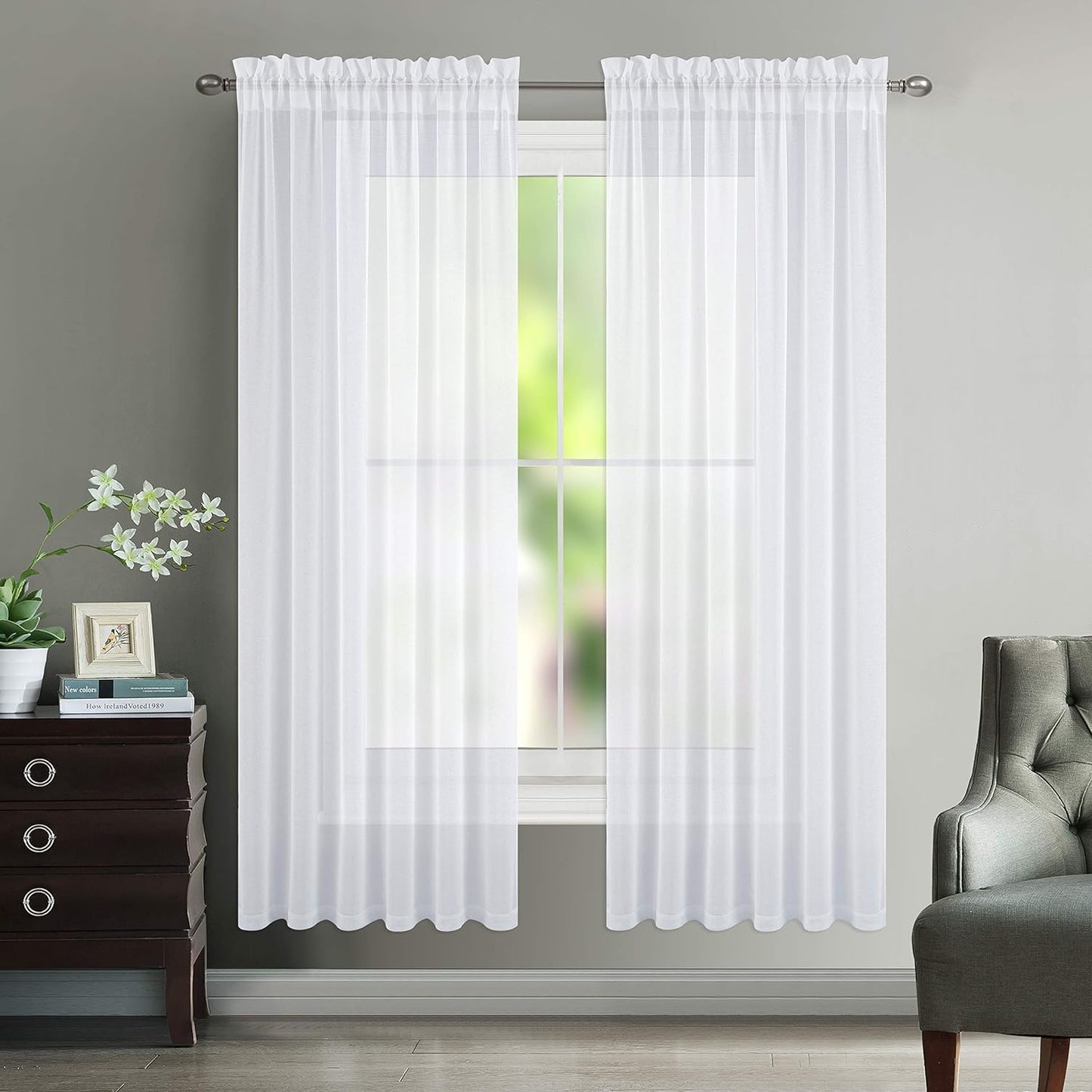 NICETOWN White Semi Sheer Curtains for Living Room- Linen Texture Light Airy Drapes, Rod Pocket & Back Tab Design Voile Panels for Large Window, Set of 2, 55 X 108 Inch  NICETOWN White - Rod Pocket Only W55 X L72 