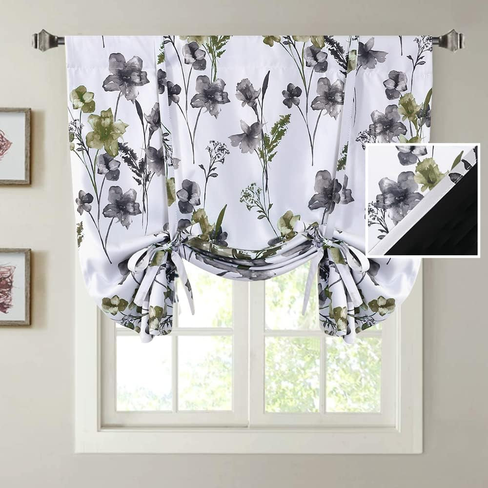 H.VERSAILTEX 100% Blackout Tie up Curtains for Bedroom Thermal Insulated Kitchen Curtains 45 Inches Long Rod Pocket Blackout Curtains for Small Window / Bathroom with Black Liner, White 42"W X 45"L  H.VERSAILTEX Cattleya In Grey/Olive 42"W X 45"L 