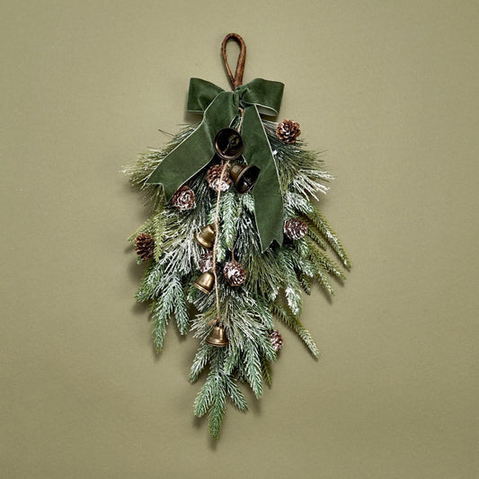 Lamplust Swag for Decorating - 18 Inch Long, Pine Swag with Brass Bells, Real Miniature Pinecones & Green Velvet Ribbon, Swag for Mantle & Farmhouse Home Decor