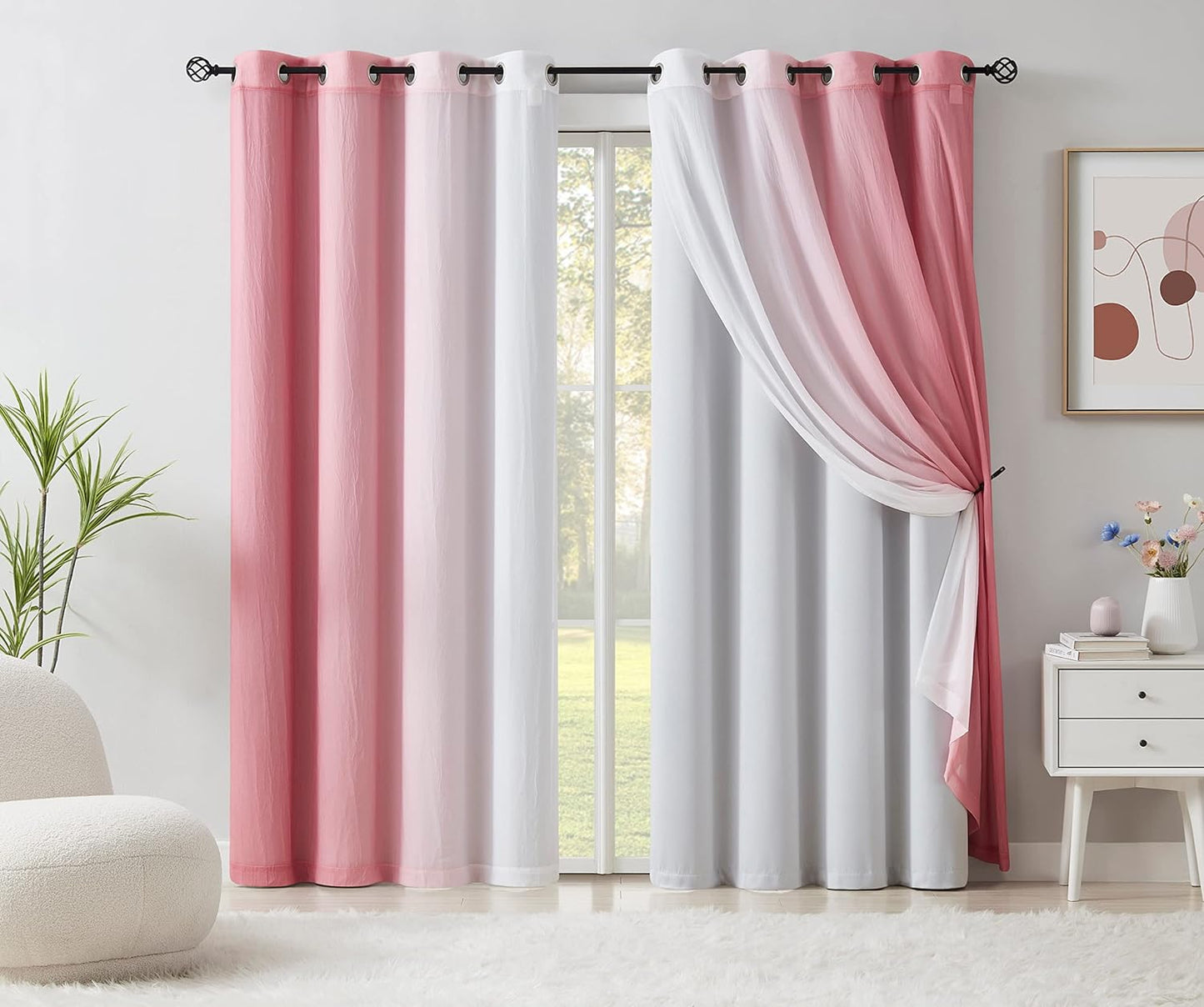 Mix and Match Blackout Curtains - Bedroom Solid Black Full Blackout Window Panels & Black Chiffon Sheer Curtains Thermal Insulated Drapes for Living Room, Grommet, 52" W X 63" L, Set of 4  Purainbow Pink/White 52" X 63" 