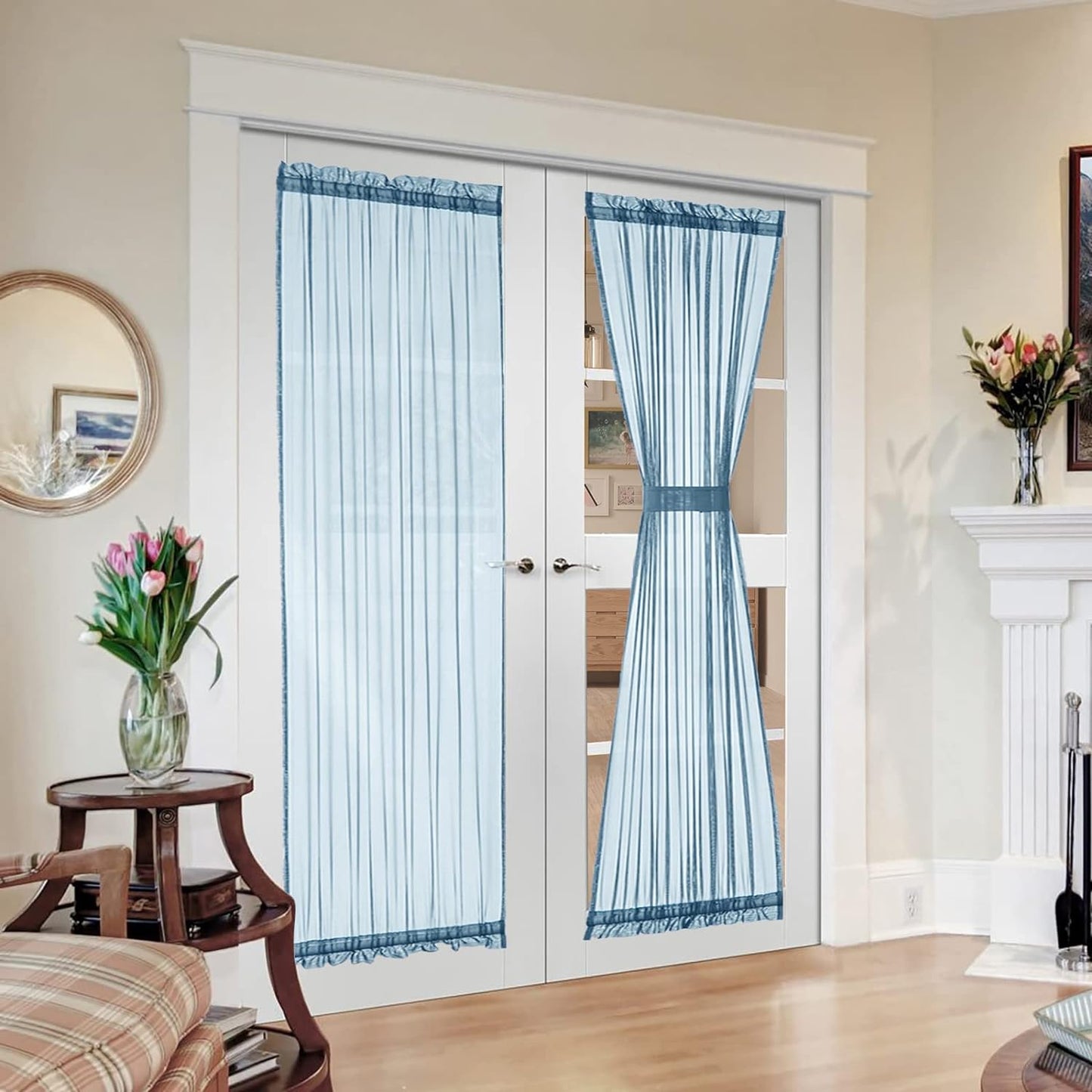 MIULEE French Door Sheer Curtains for Front Back Patio Glass Door Light Filtering Window Treatment with 2 Tiebacks 54 Wide and 72 Inches Length, White, Set of 2  MIULEE Stone Blue 54"W X 72"L 