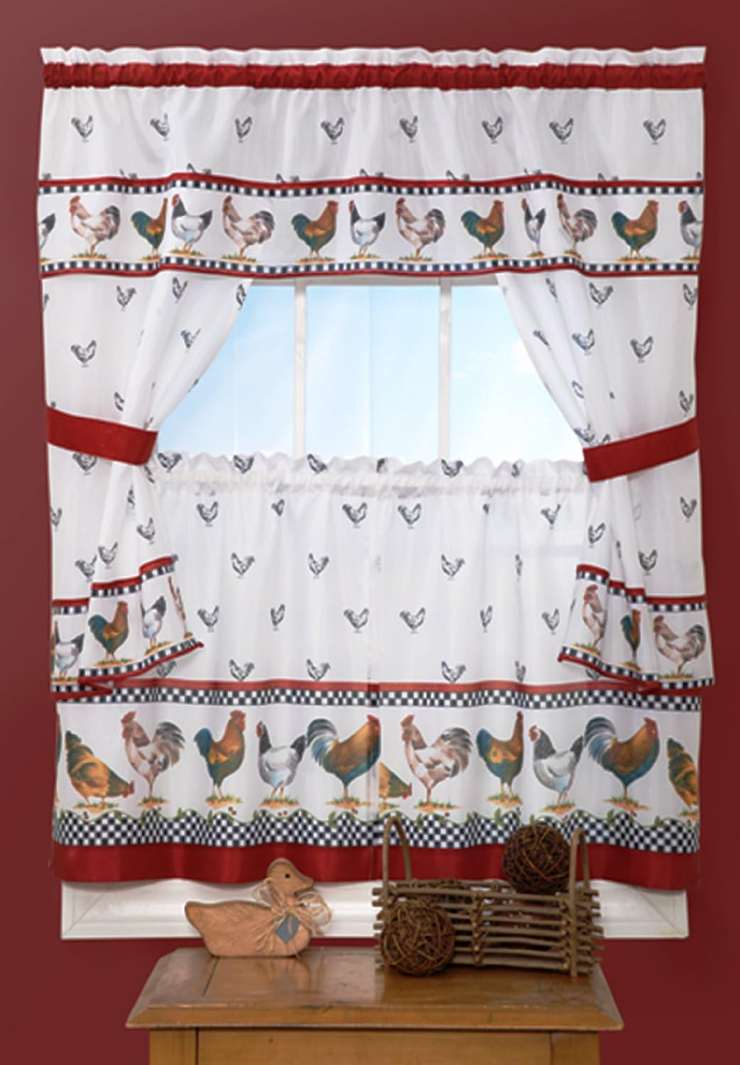 Sweet Home Collection Ruffled Valance 4 Piece Kitchen Curtain Set, 36 In  Sweet Home Collection Morning Rooster 36 In Tier Set 